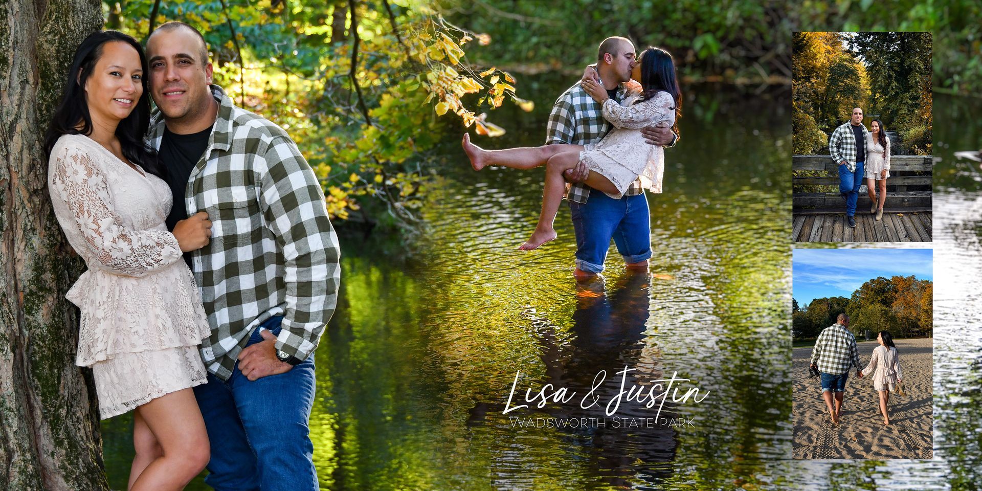 Engaged Couple posing in a sunny forest by a creek, with a small collage of outdoor photos on the right.