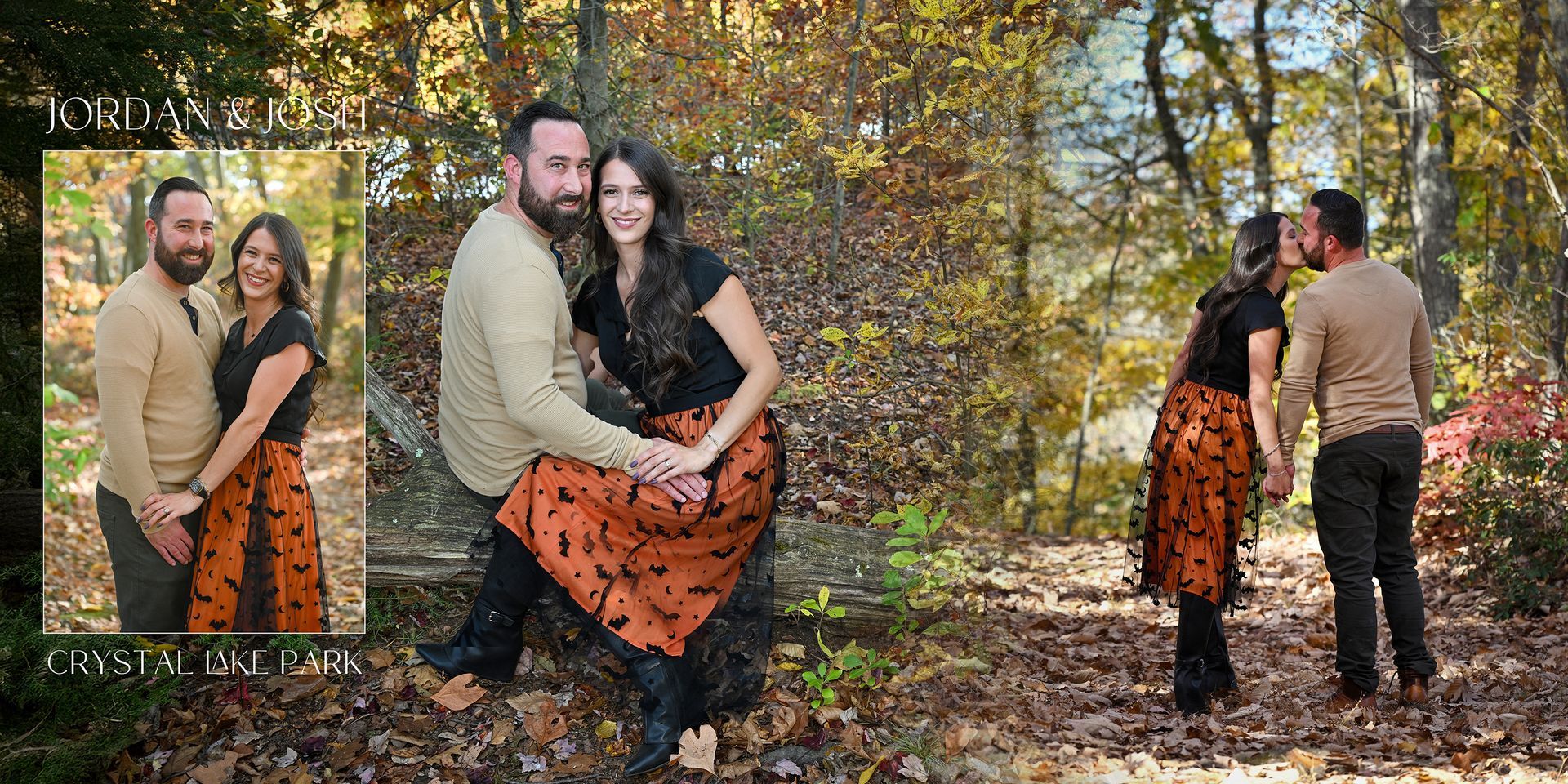 Engaged Couple posing outdoors by a tree, with an inset of the same couple in a playful embrace for engagement photos.