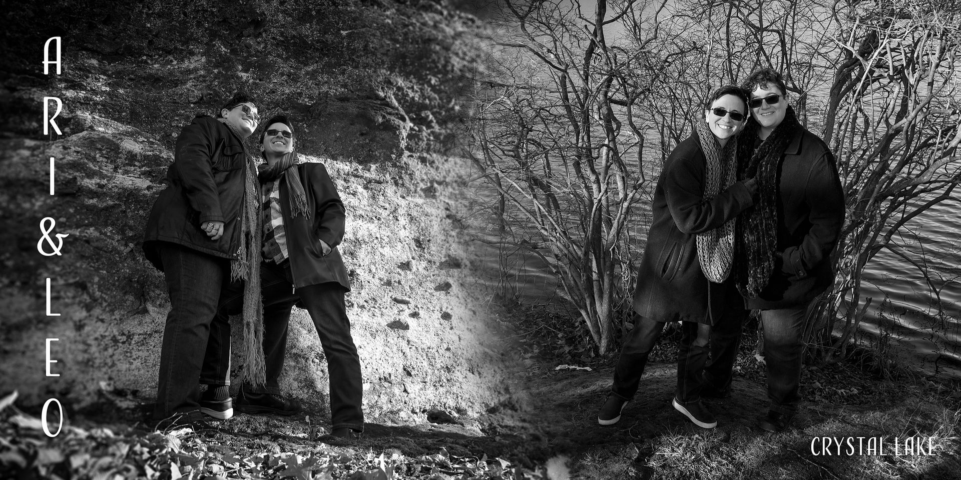Same sex couple in dark clothing standing in a snowy wooded scene for engagement photos.