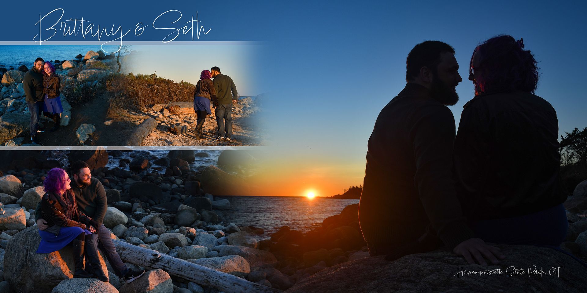 Silhouetted couple seated on rocks watching a sunset over the ocean, with small inset hiking scenes on the left for engagement photos