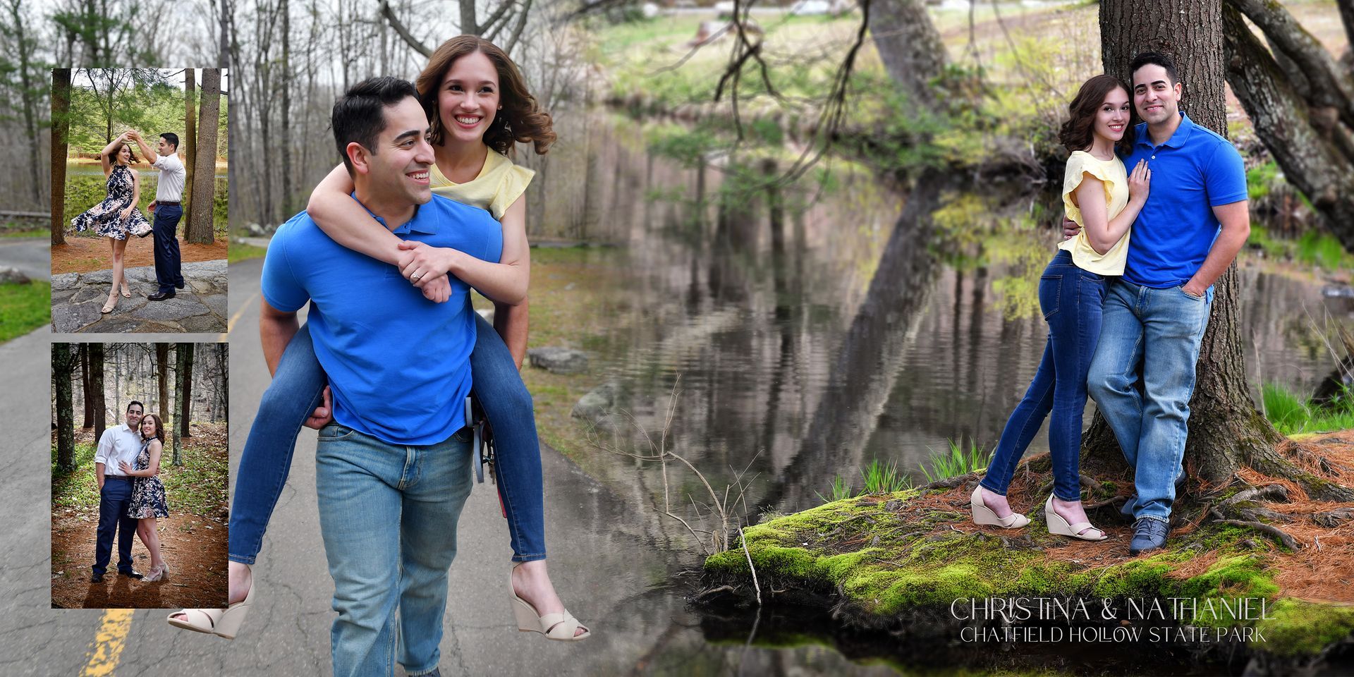 Engaged Couple in blue shirts posing by a calm creek in a wooded park for engagement photos.