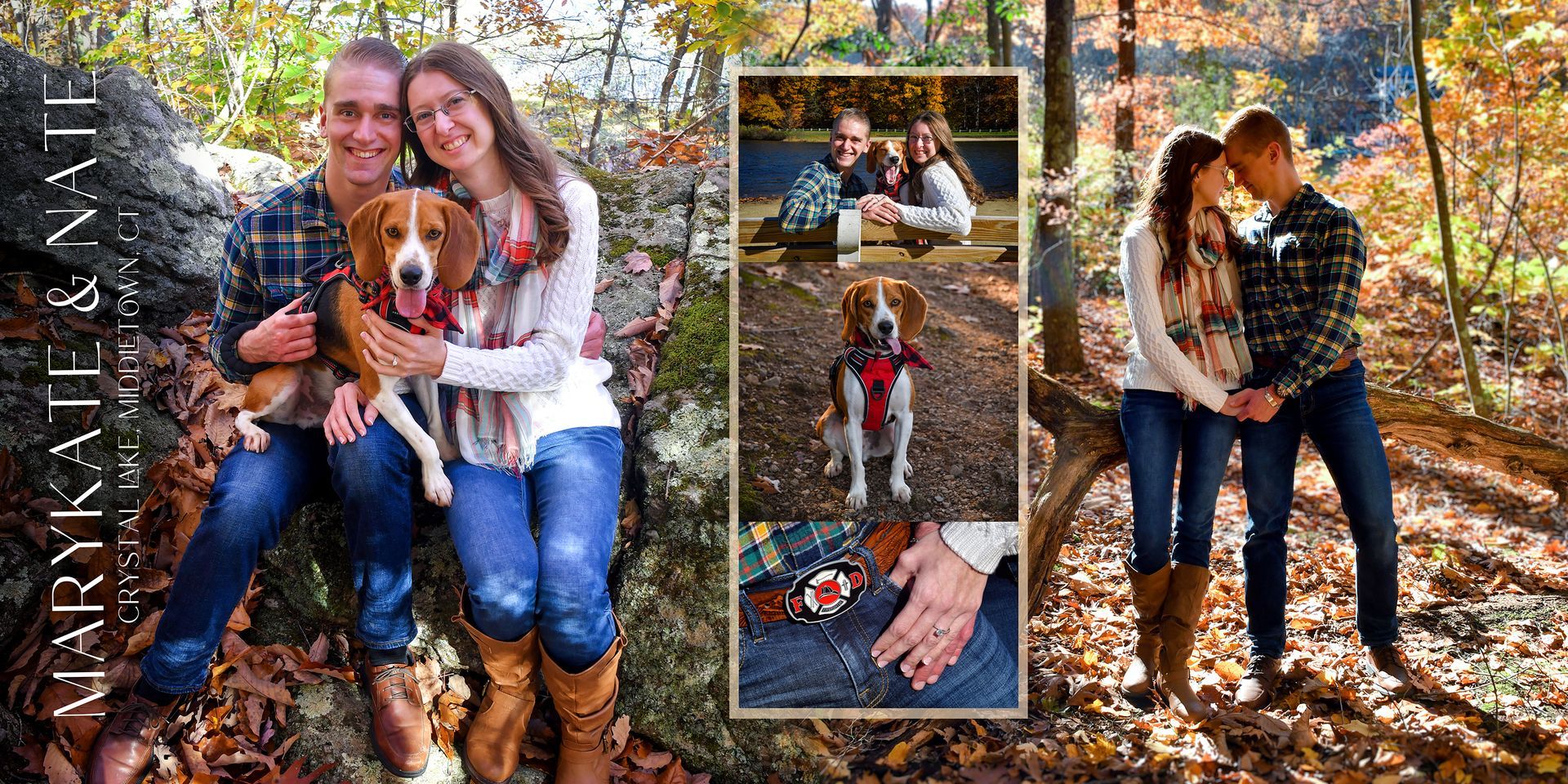 Two people cuddling a small dog on a bench in a leafy autumn park, with collage-style close-up shots.