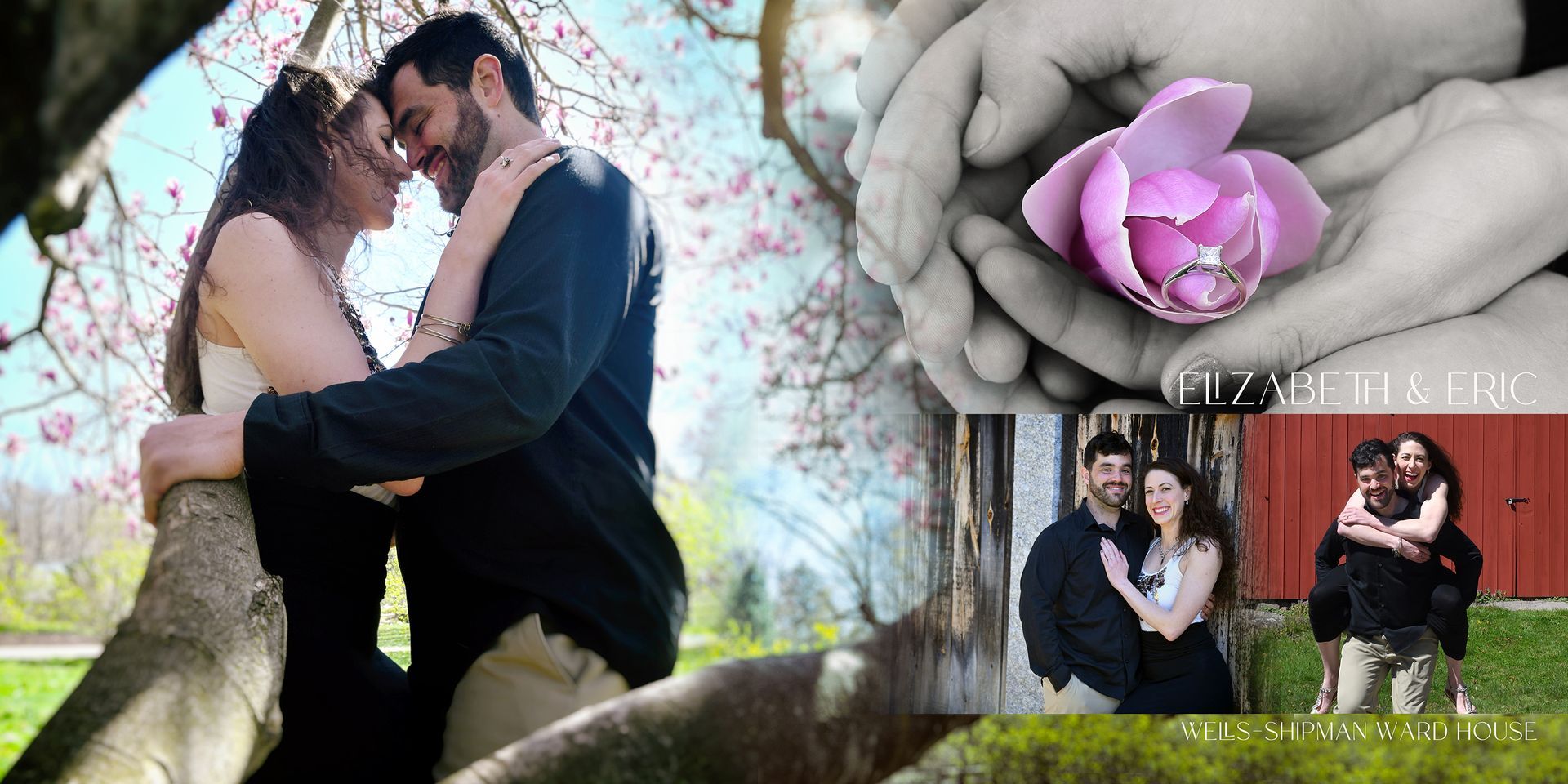 Couple embracing on a tree branch, with a close-up pink flower and two small wedding portraits on the right.