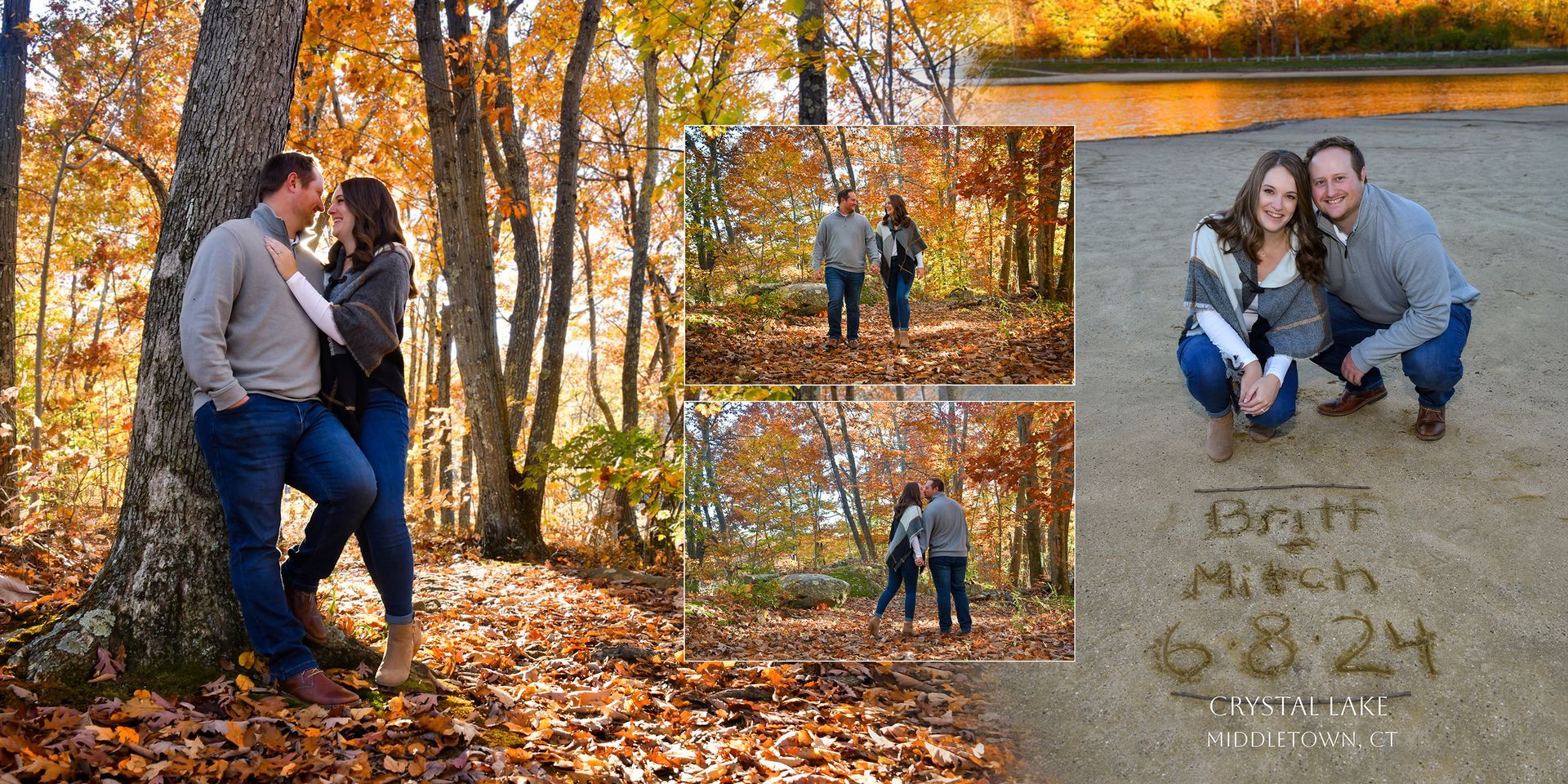 Couple posing in an autumn forest with orange leaves, in a framed collage