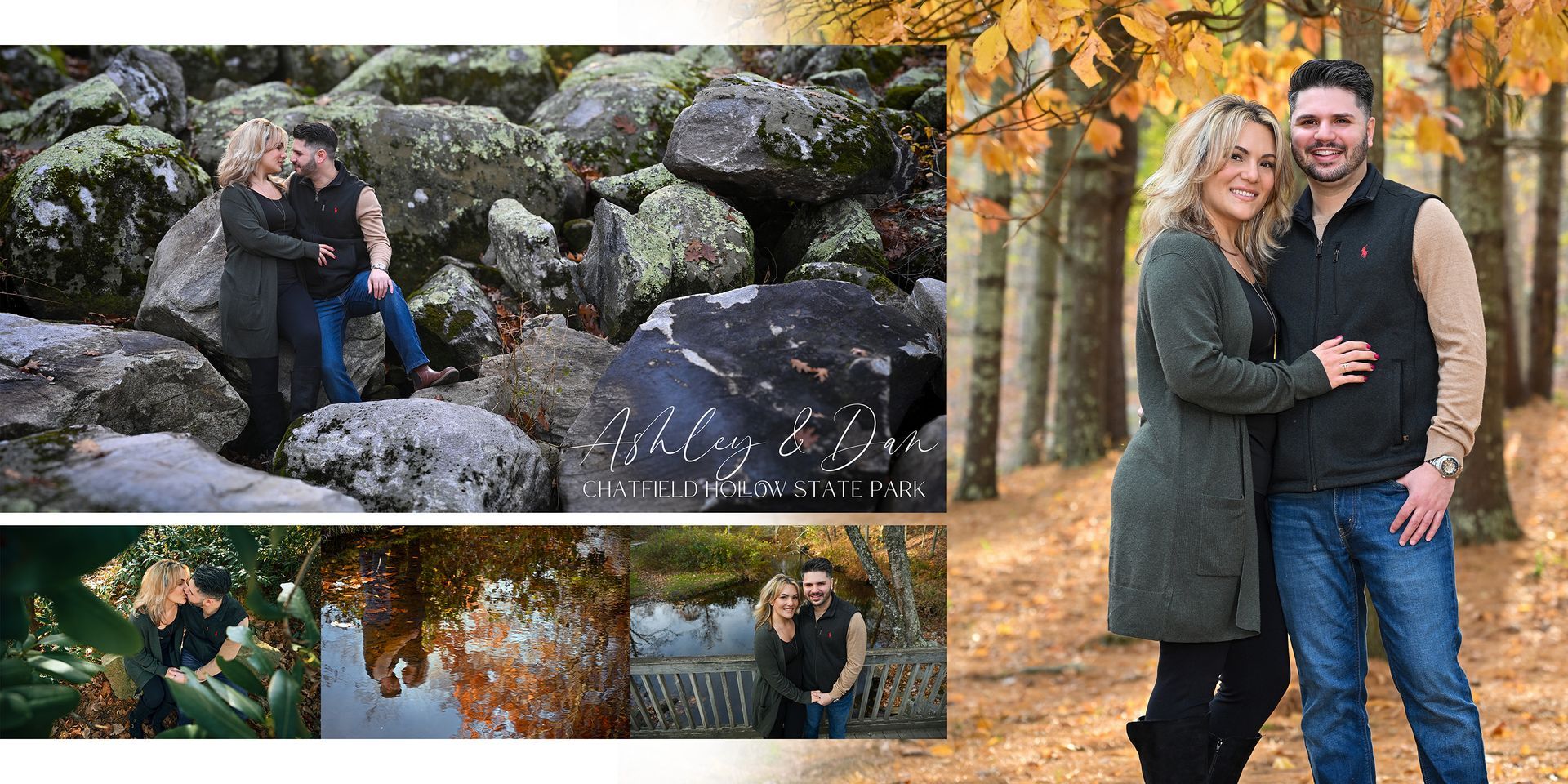 Couple posing in a wooded park beside autumn leaves and a rocky stream collage