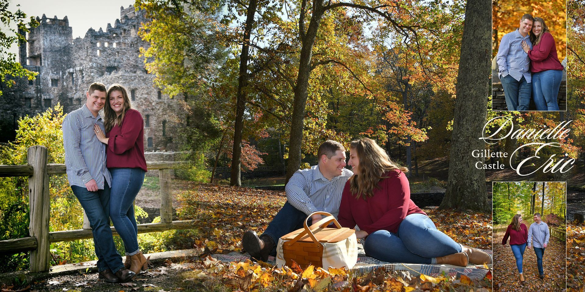 Couple picnicking and posing in a sunny autumn park with fallen leaves and a stone wall in the background for engagement photos