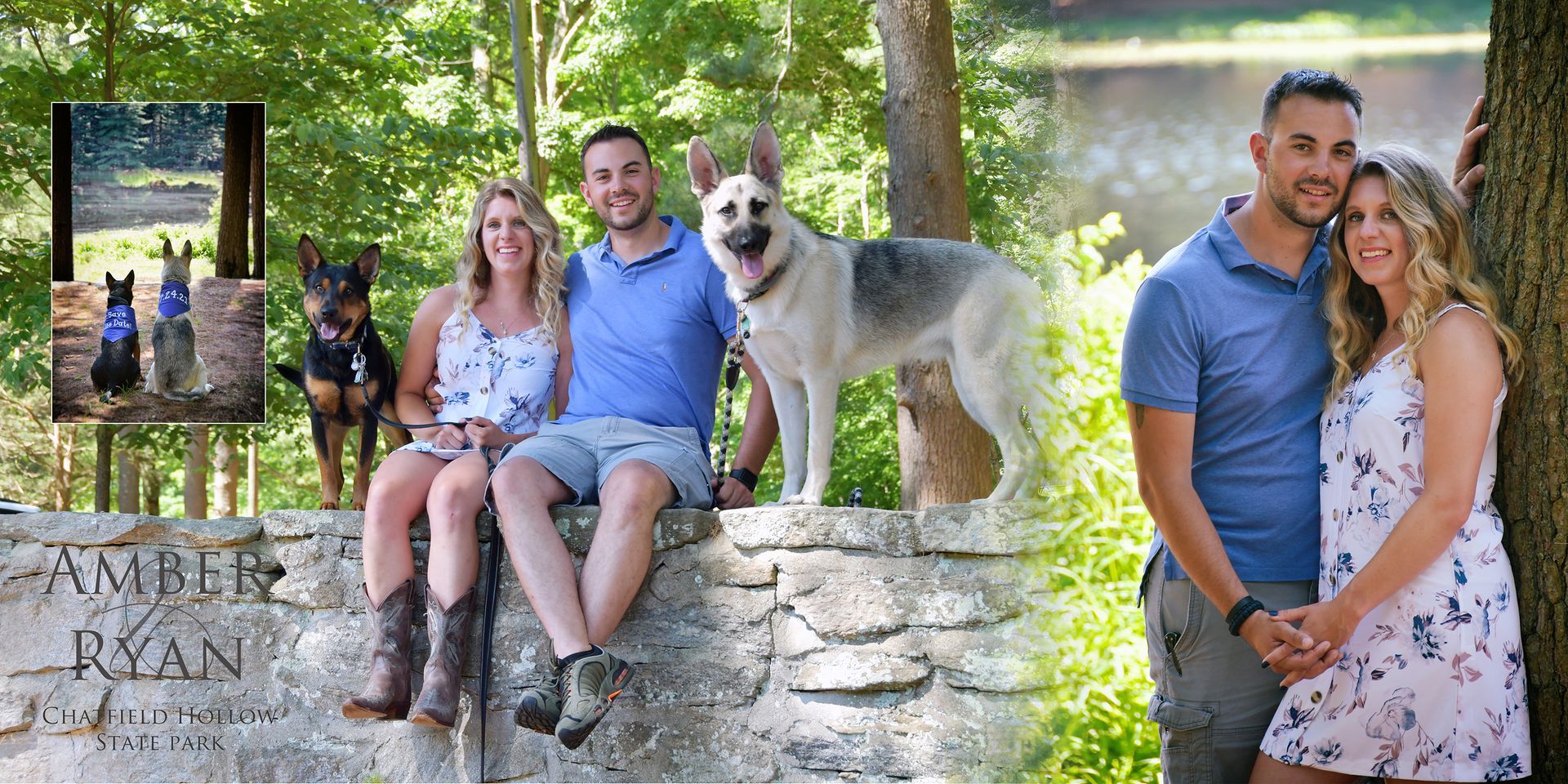 Engaged Couple posing on a stone wall with a dog in a sunlit park; inset shows them by a mirror in the trees