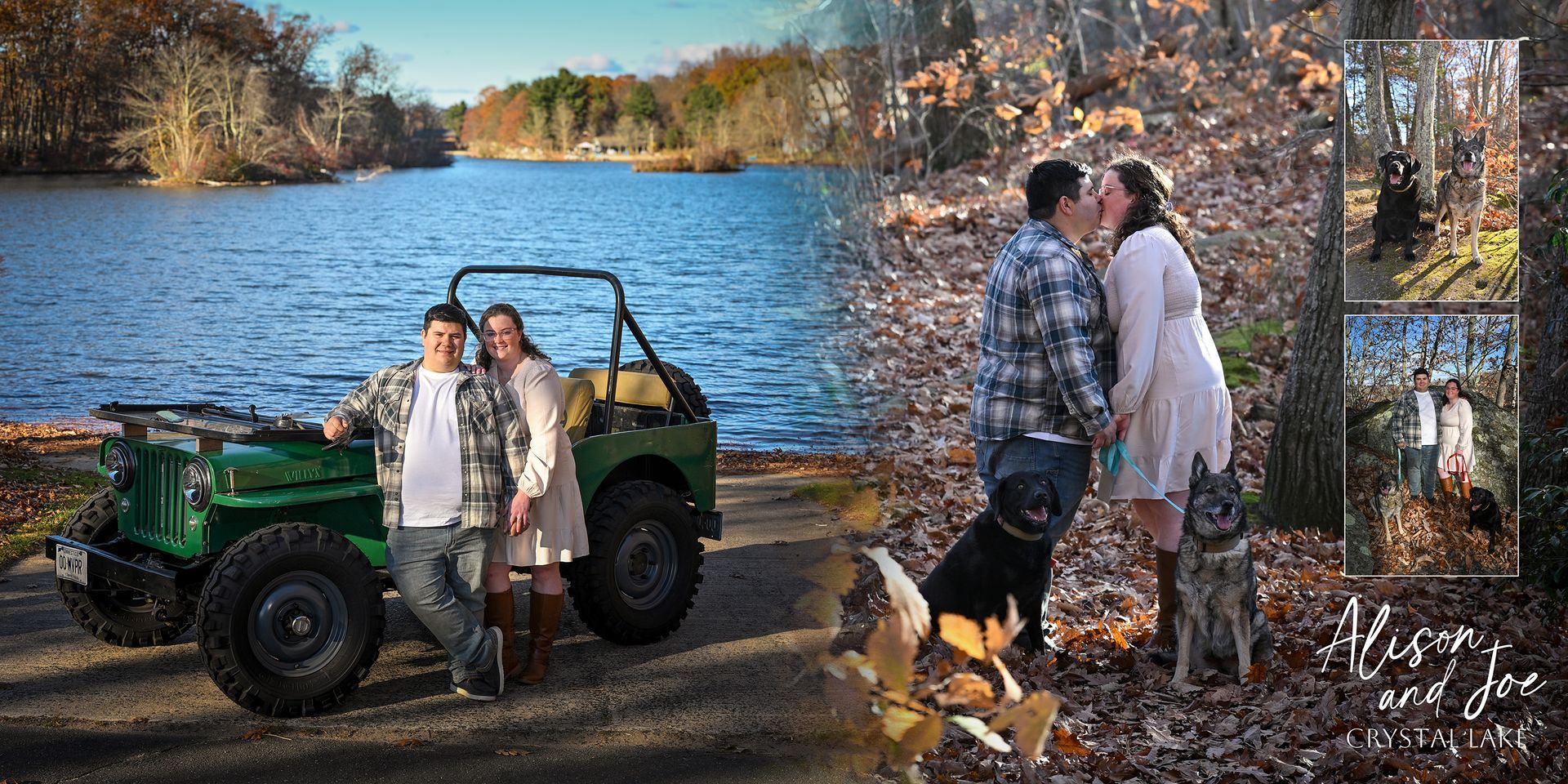 Two people and a black dog beside a green off-road vehicle by a lakeshore in autumn, with a small dock nearby