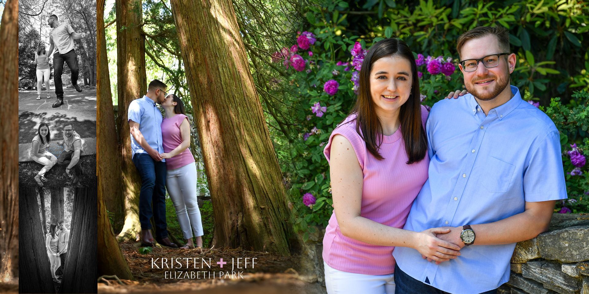Couple posing together in a garden with trees and purple flowers; smaller inset photo on the left for engagement photos .