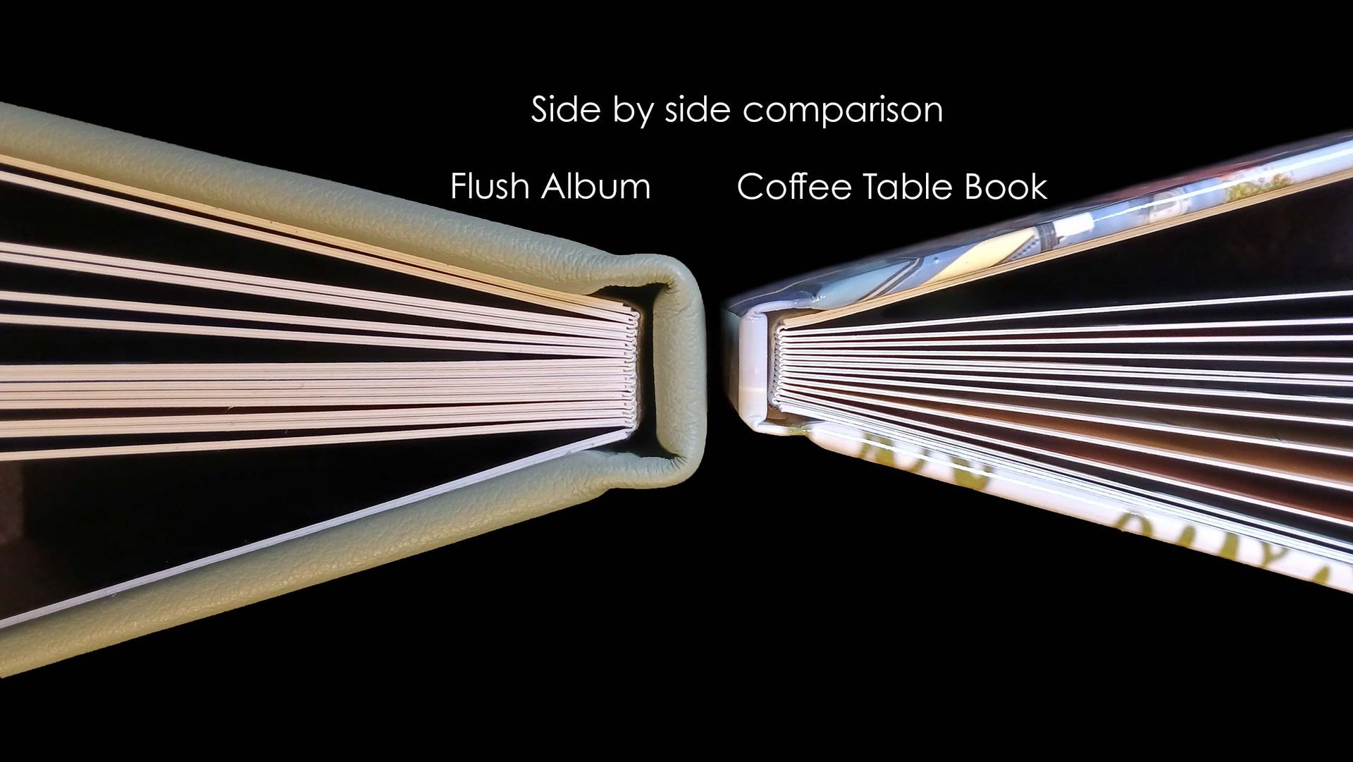 Comparison of wedding album bindings for a Flush Mount and Coffee Table album.