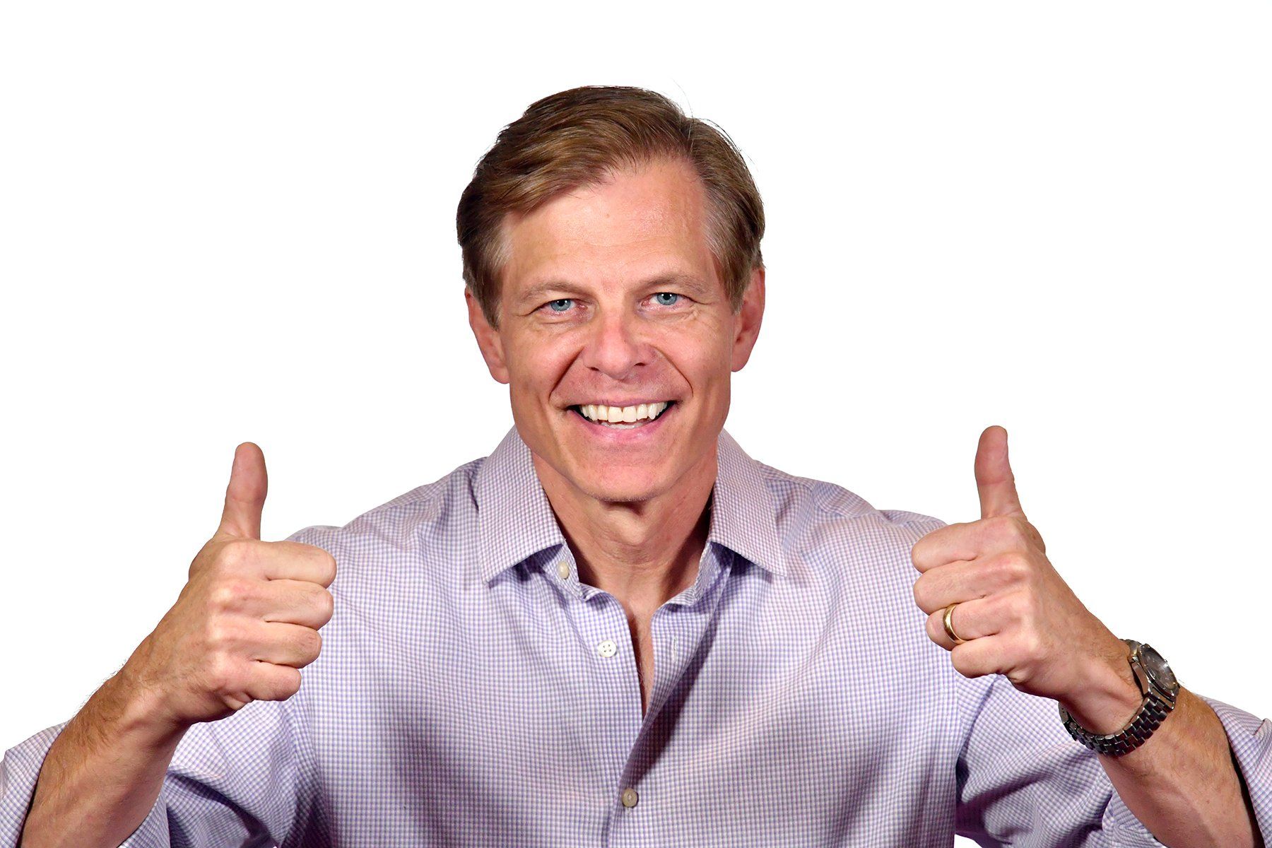 Business Portrait of a Smiling man in a striped shirt giving two thumbs up on a white background