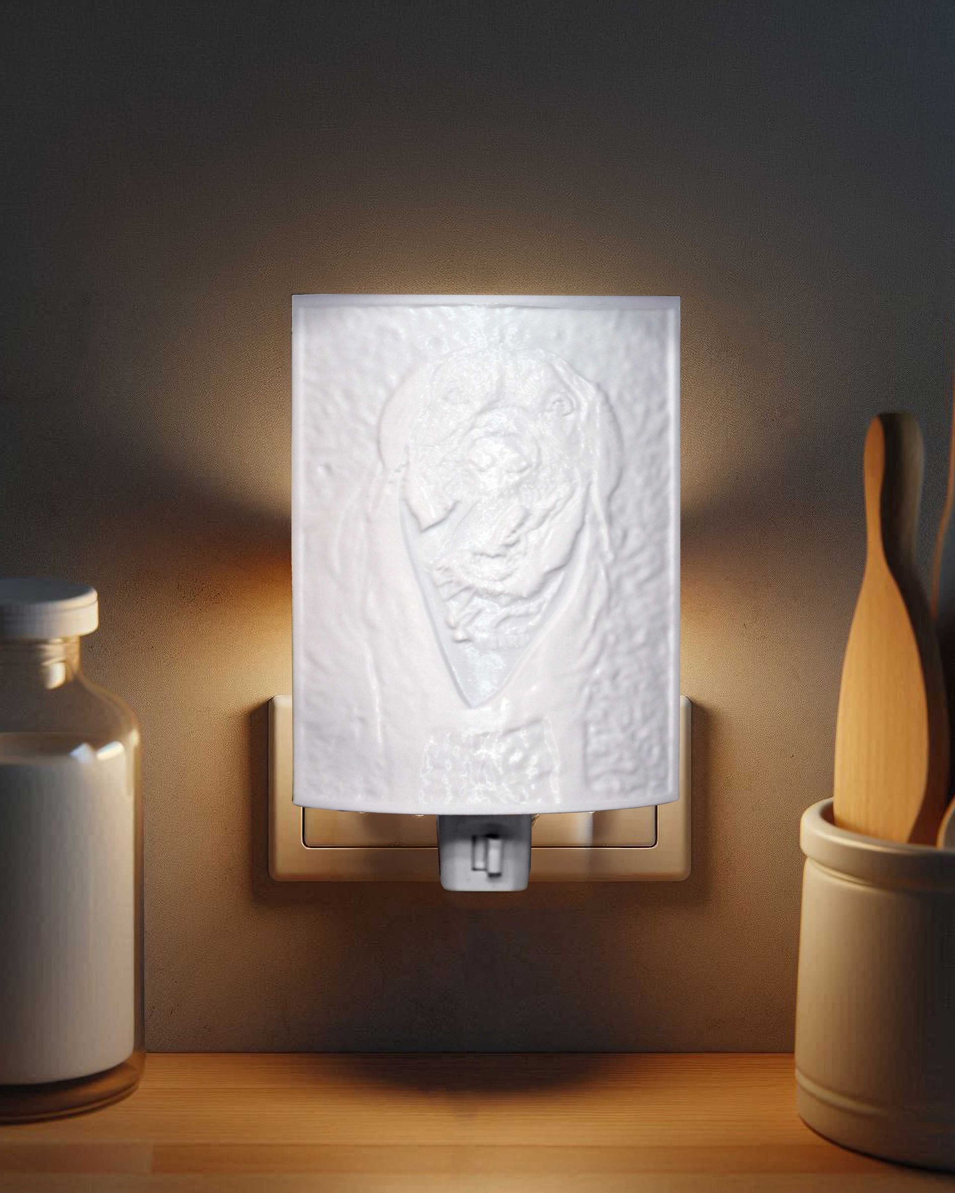 Wall-mounted sconce with a white paper shade glowing in a warm, dim room beside jars and wooden decor.