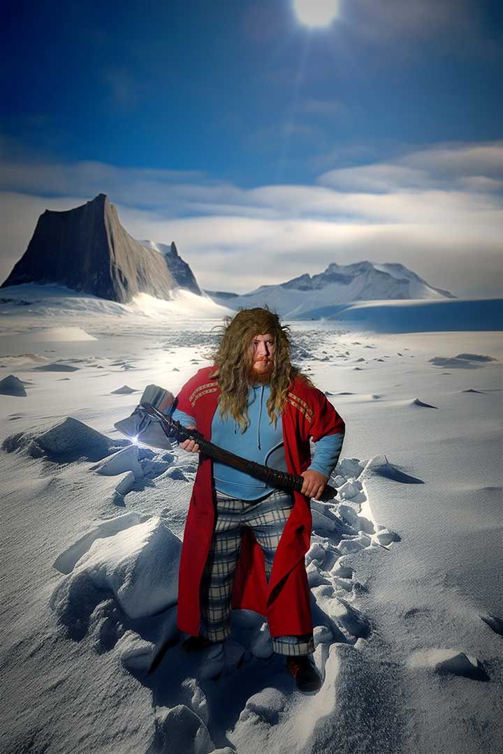 Thor cosplayin a red coat carrying a large black object, walking in a snowy landscape with mountains and blue sky.