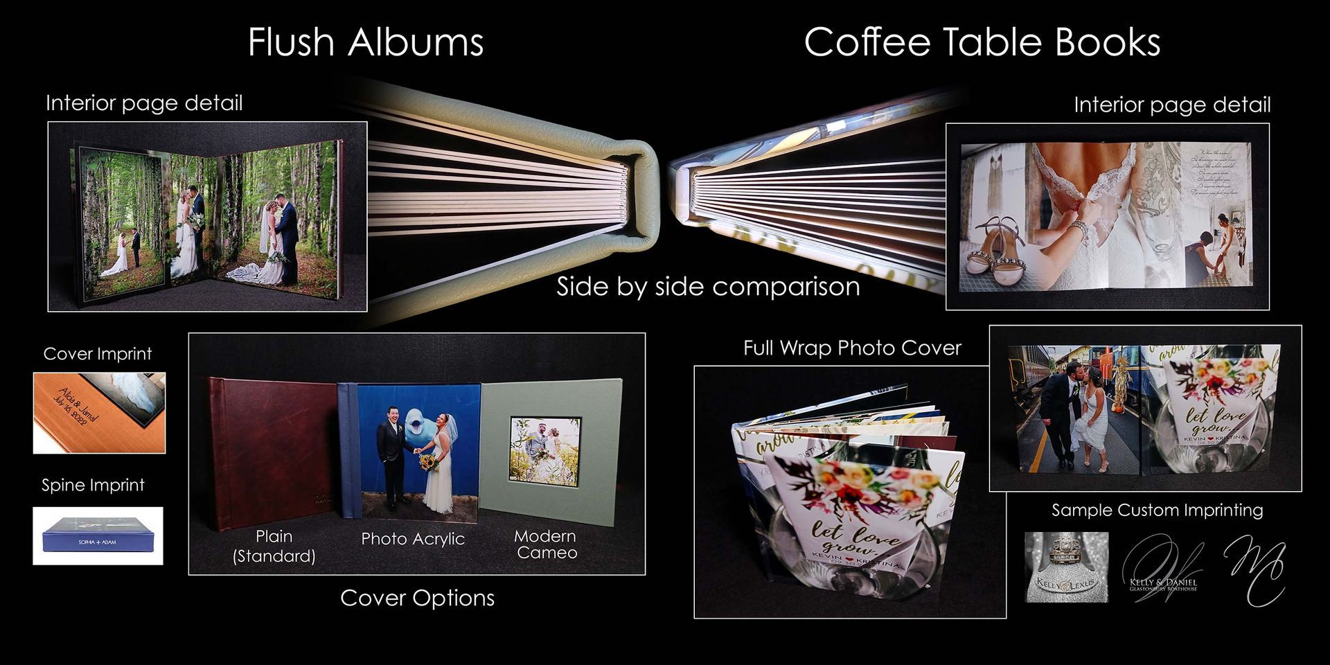 Collage of wedding coffee table books and open photo books on dark background with colorful, abstract pages