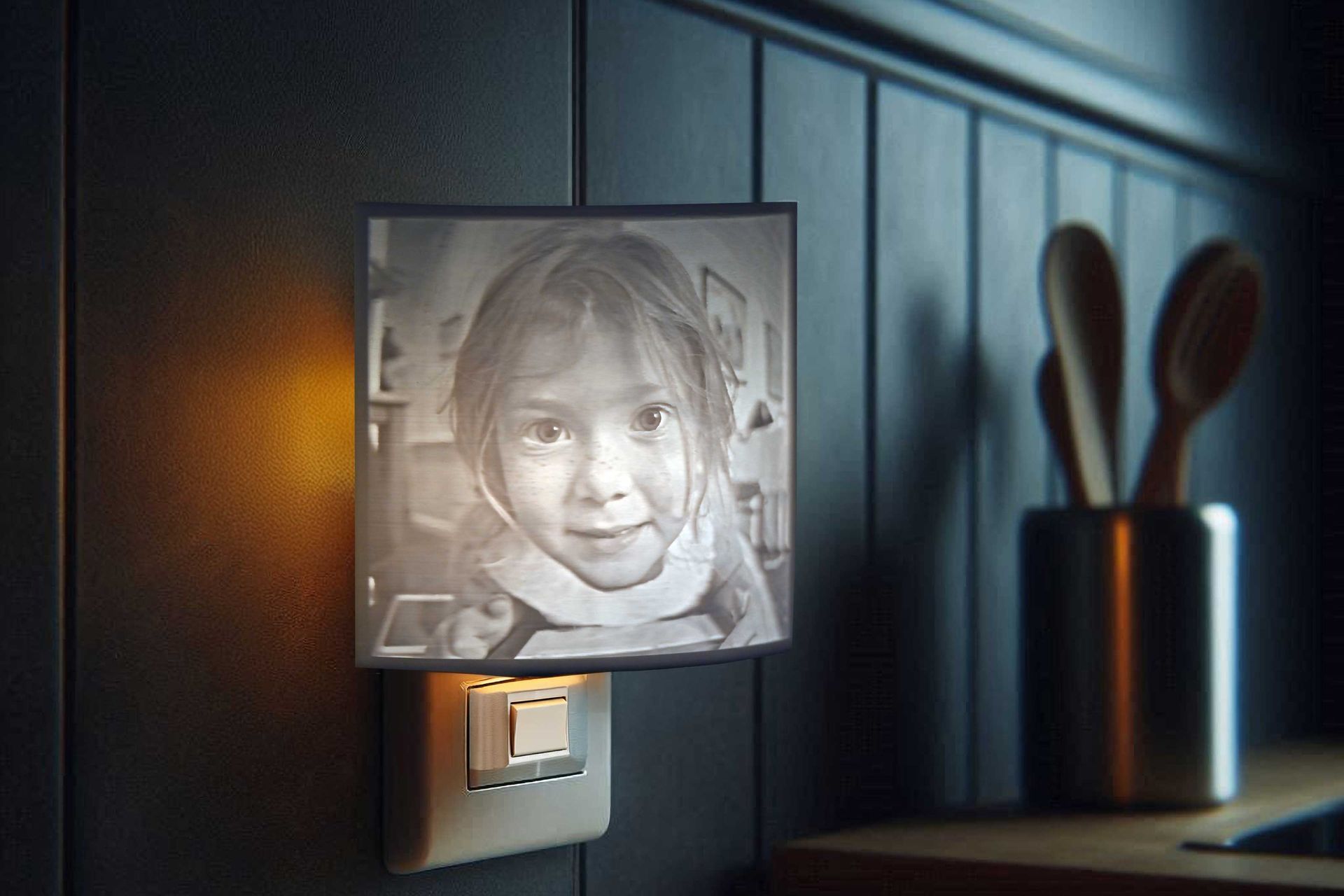 Square lamp displaying a child’s face, glowing on a dark wall beside a utensil holder and spoons.