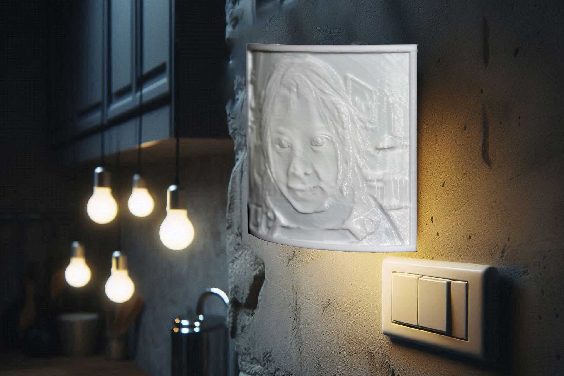 Lit wall portrait beside glowing bulbs and a light switch in a dim room
