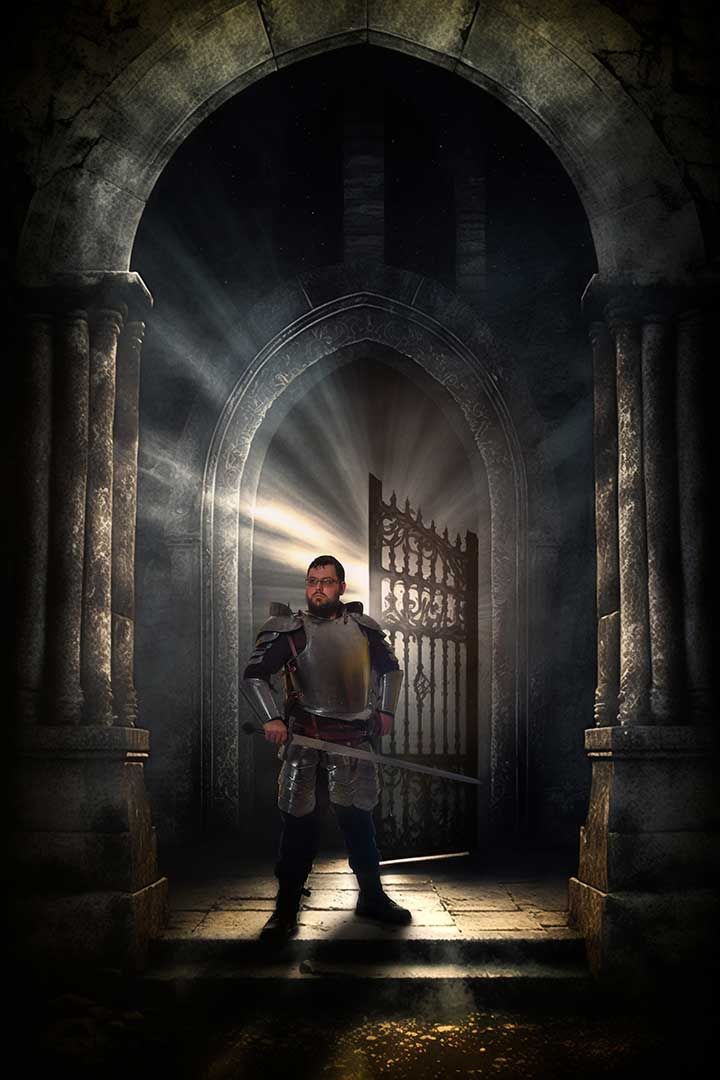 Armored guard stands in a dim stone archway, lit by sunlight through a wrought-iron gate.
