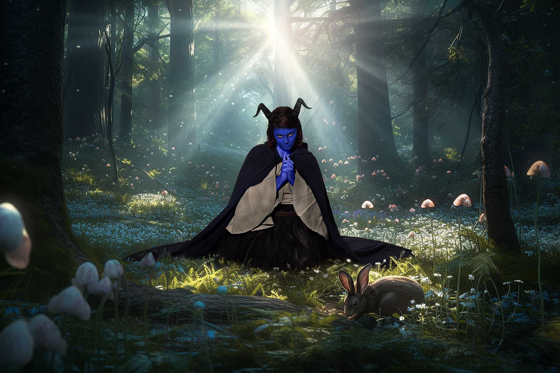 Dark fantasy figure in a forest, bathed in blue light beneath sunbeams, with mushrooms and mist around them