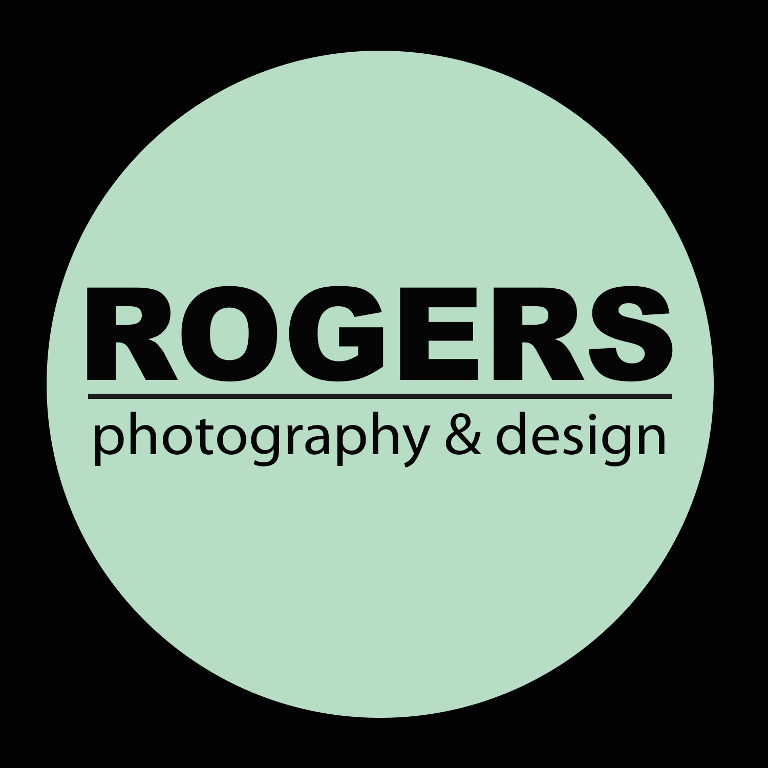 Rogers photography & design logo in black text on a mint green circle