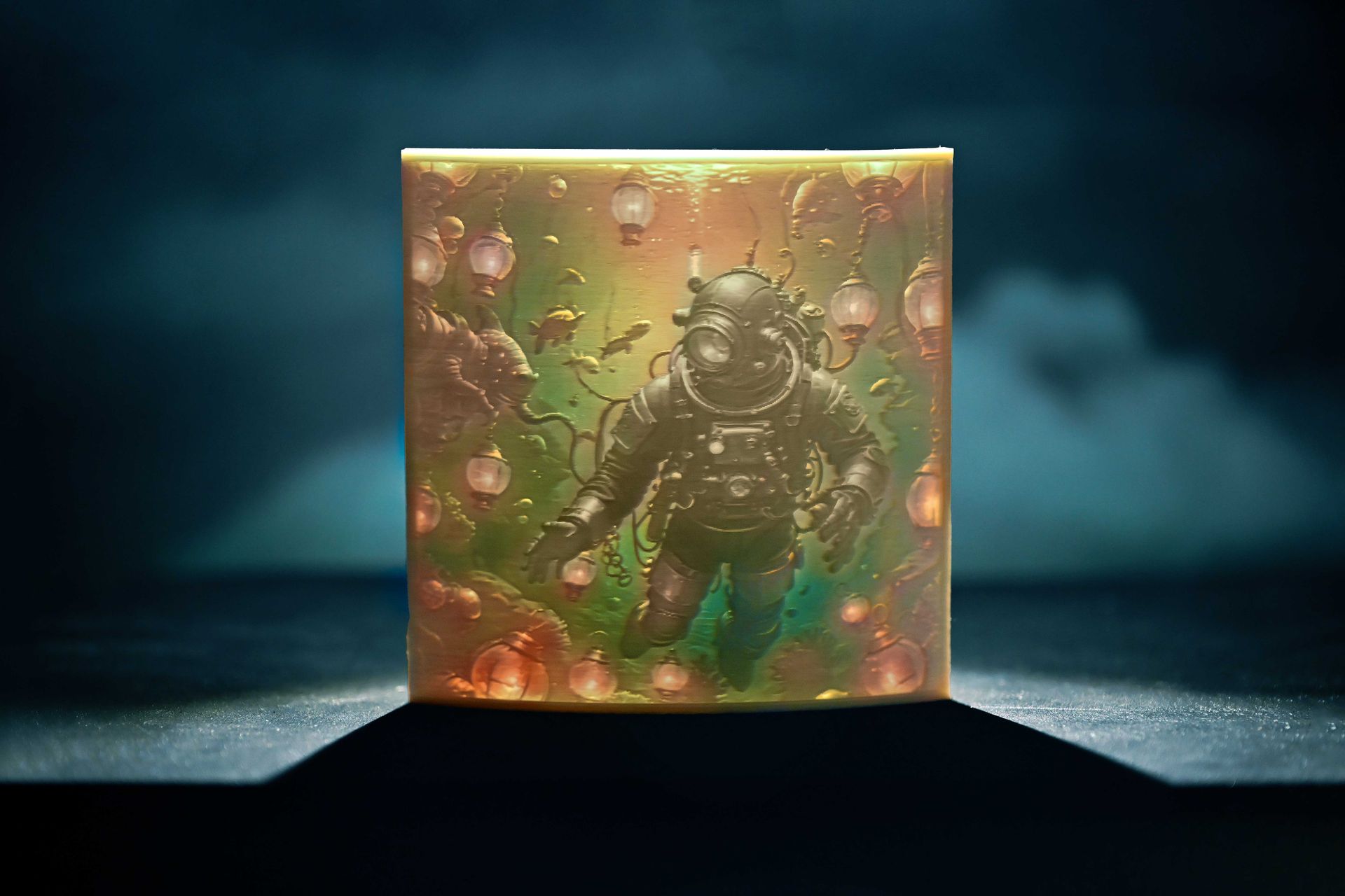 Glowing fantasy creature in green armor inside a glass cube on a dark surface, lit by warm and blue light