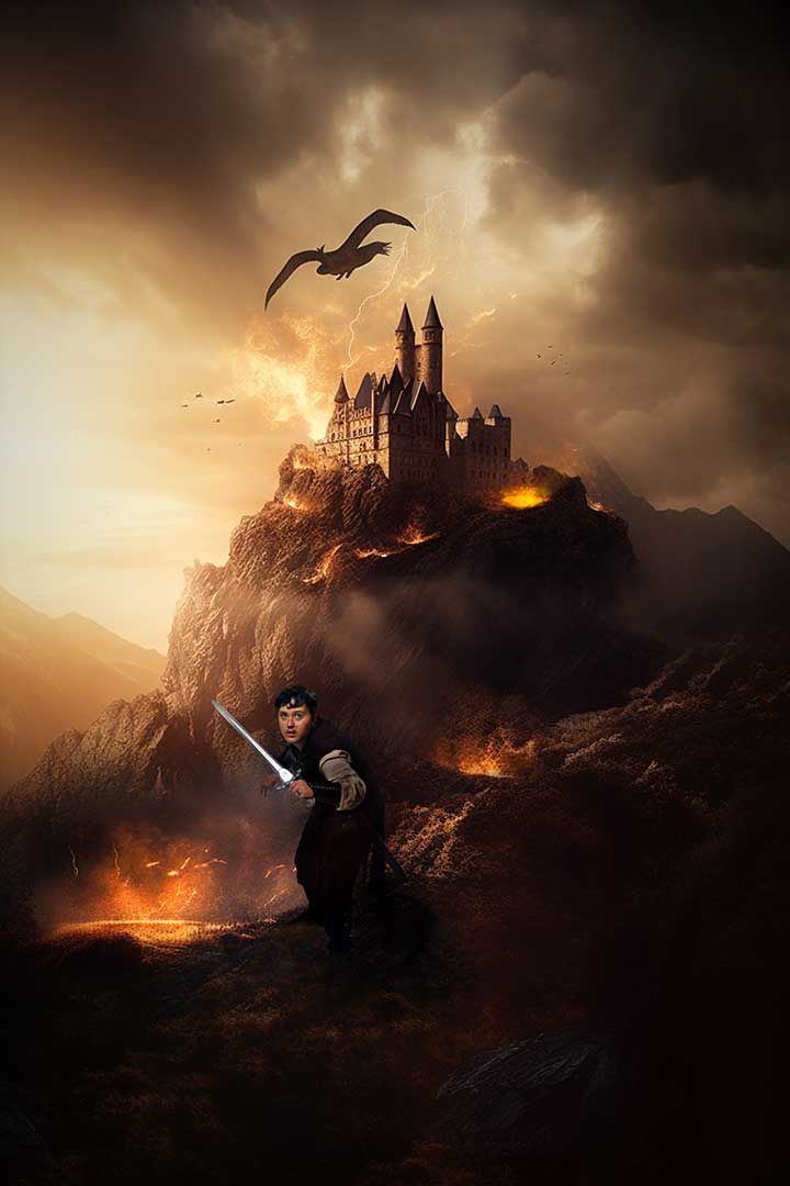 Hero with glowing sword before a fiery castle under stormy skies, with a dragon overhead