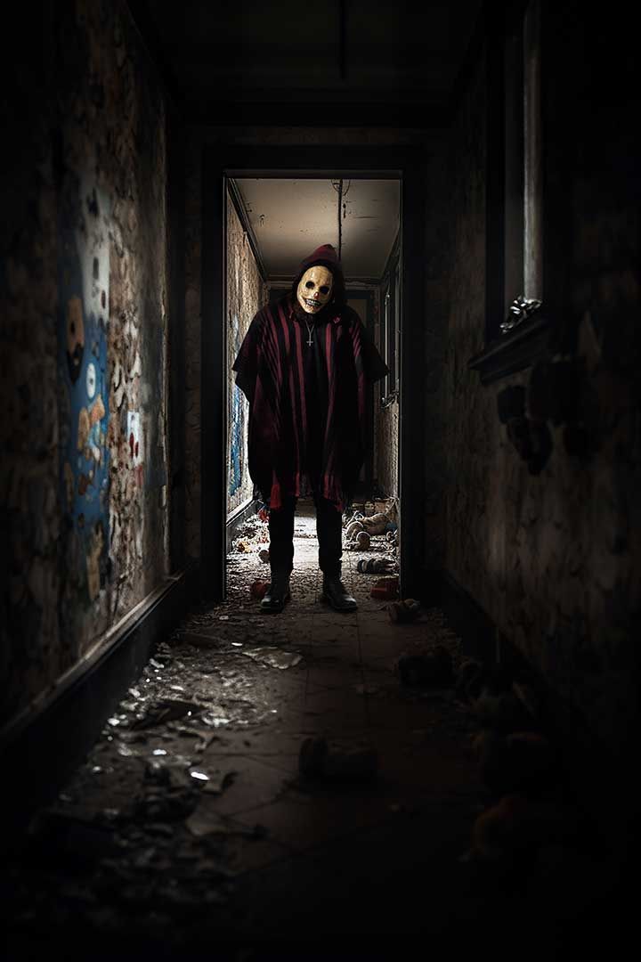 Masked figure in a dark, abandoned hallway with debris on the floor