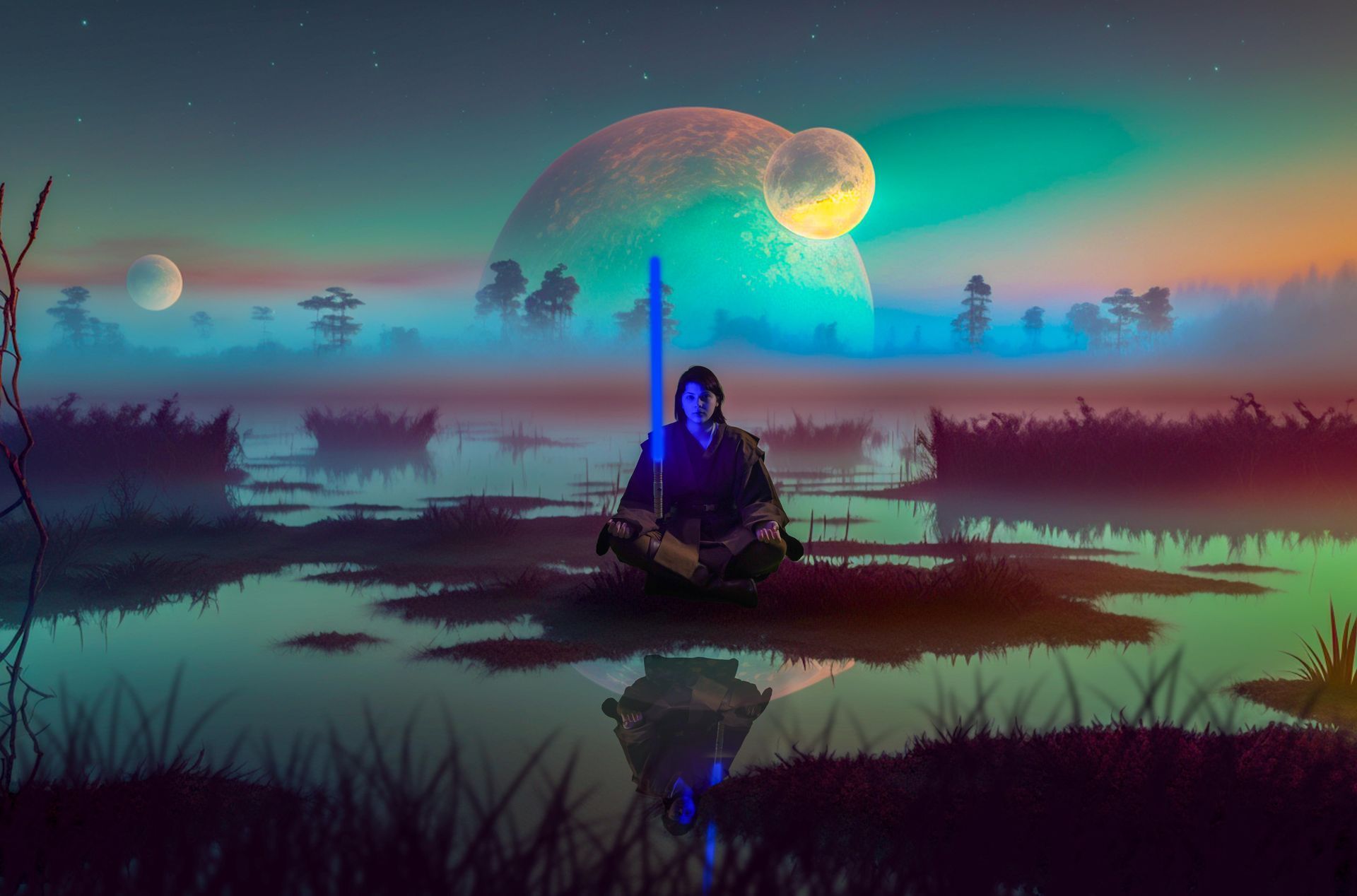 Blue-robed figure sitting in a misty neon landscape under a glowing moon and colorful sky