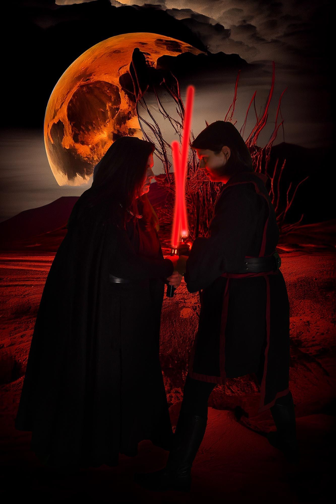Cosplay Two cloaked figures duel with red lightsabers beneath a fiery eclipse in a dark landscape