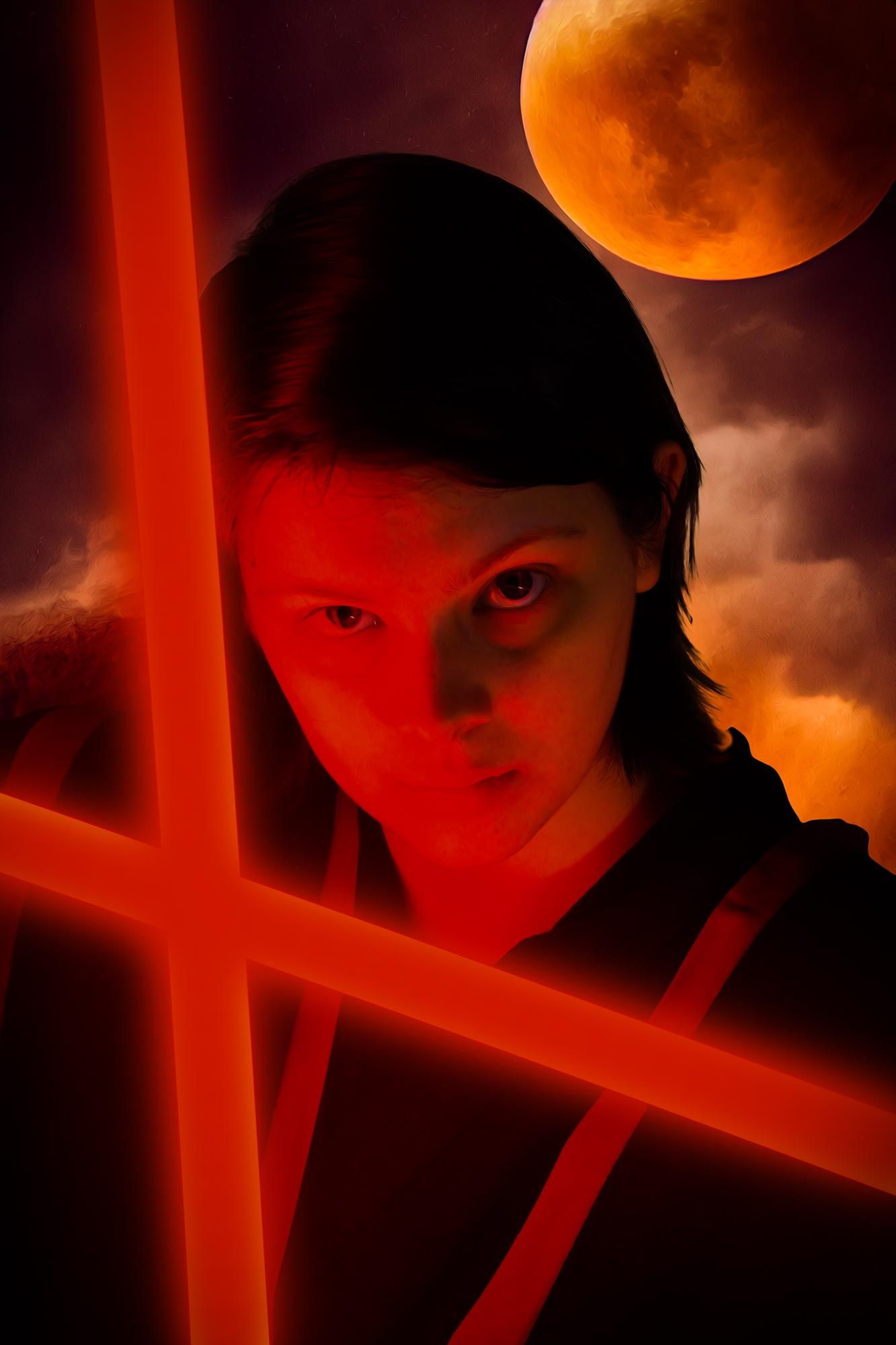 Red-lit portrait of a sith with a glowing moon and crossed red beams in the background