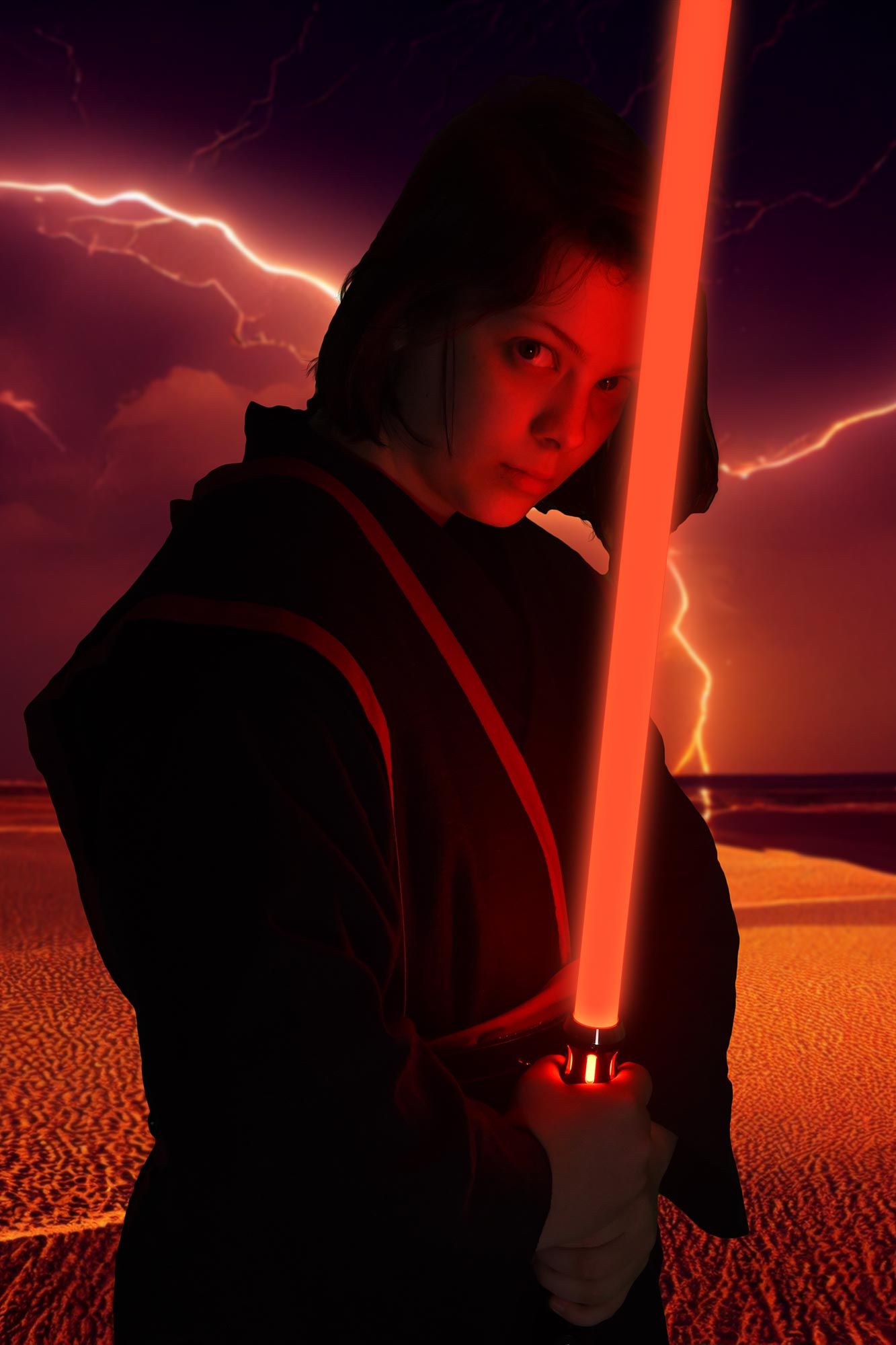 Sith in black robe holding a glowing red lightsaber against a stormy orange-purple sky