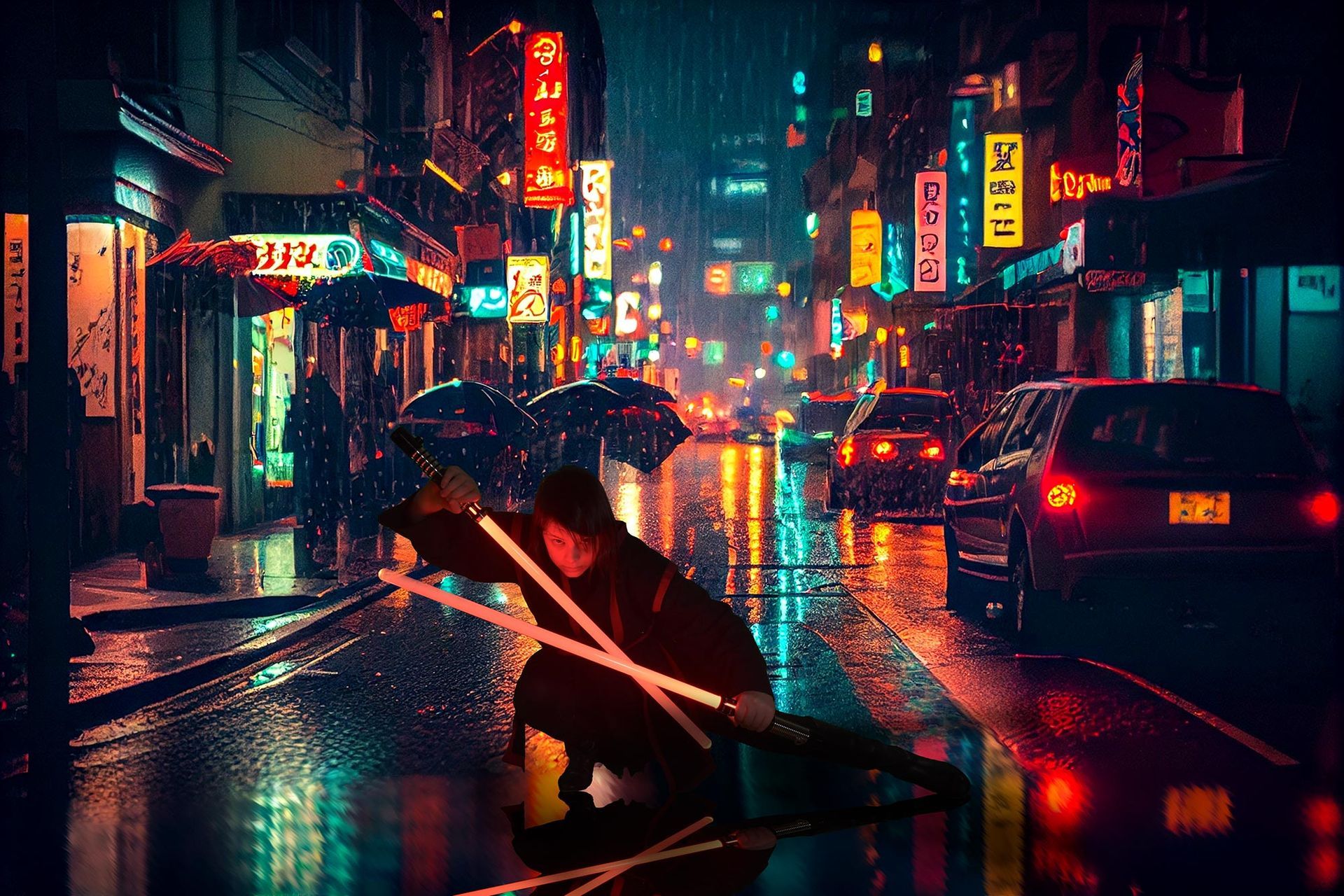 Person with umbrella in neon-lit rainy street at night, reflections glowing on wet pavement.