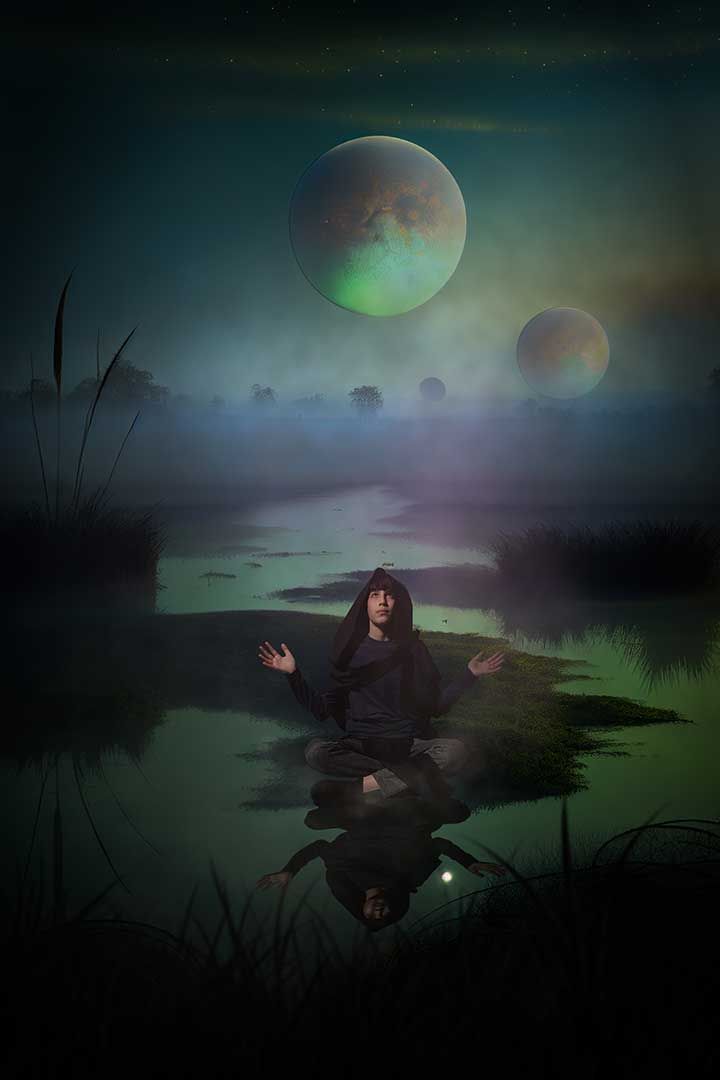 Cosplay Jedi A hooded figure sits by a misty lake under glowing moons in a surreal dark landscape.