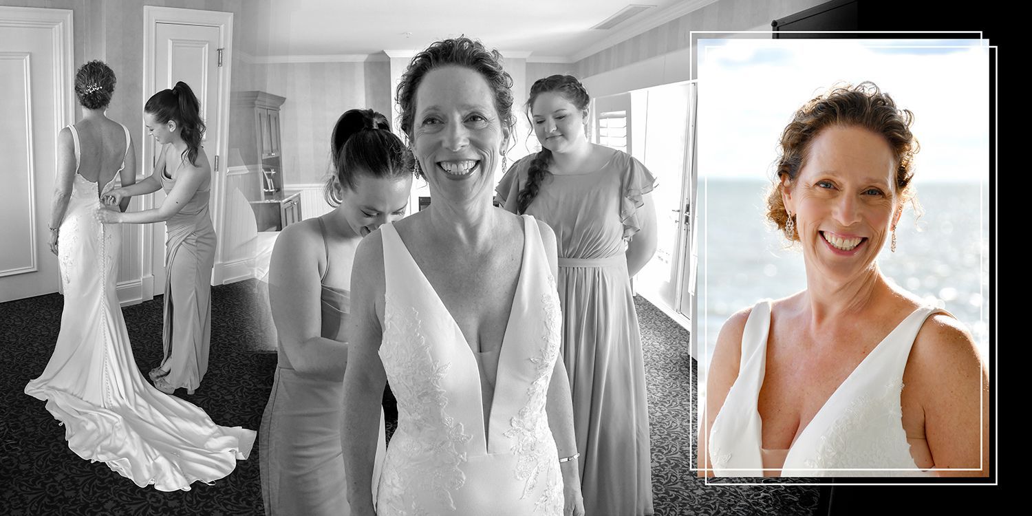 Bride smiling in a white wedding dress, with black-and-white bridal prep scene and inset close-up portrait
