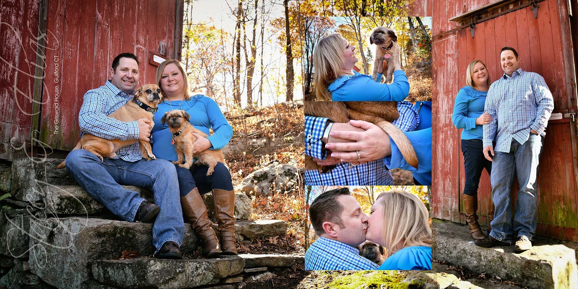 Engagement photos of a couple on a rustic bench by a red barn, smiling, hugging, and kissing in autumn leaves