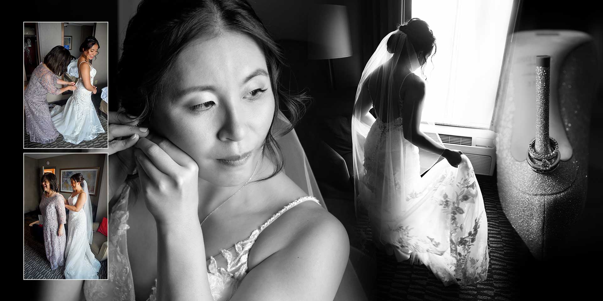 Black-and-white collage of a bride getting ready, including portrait, dress fitting, and dressing table scenes