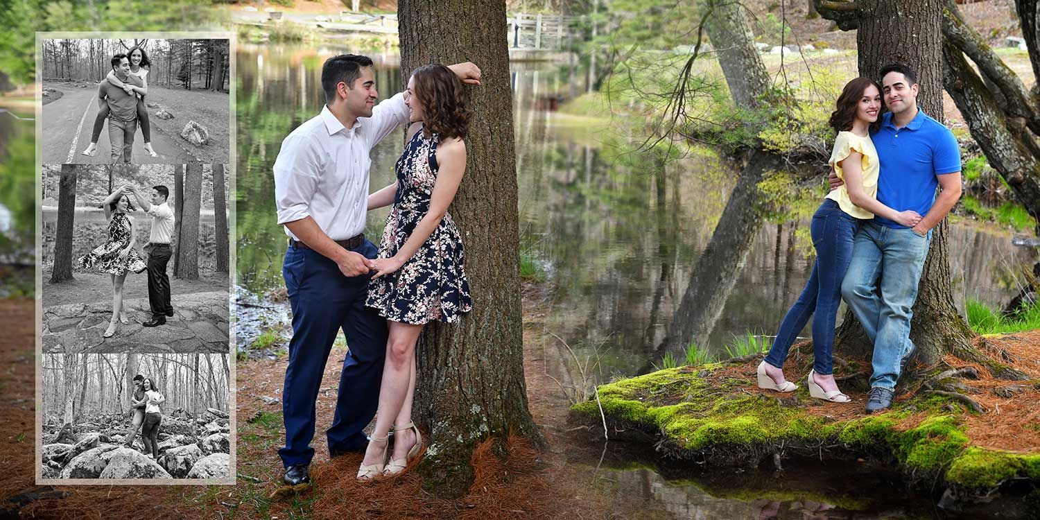 Couple posing on a mossy rock in a wooded stream, shown in three side-by-side photo variations.