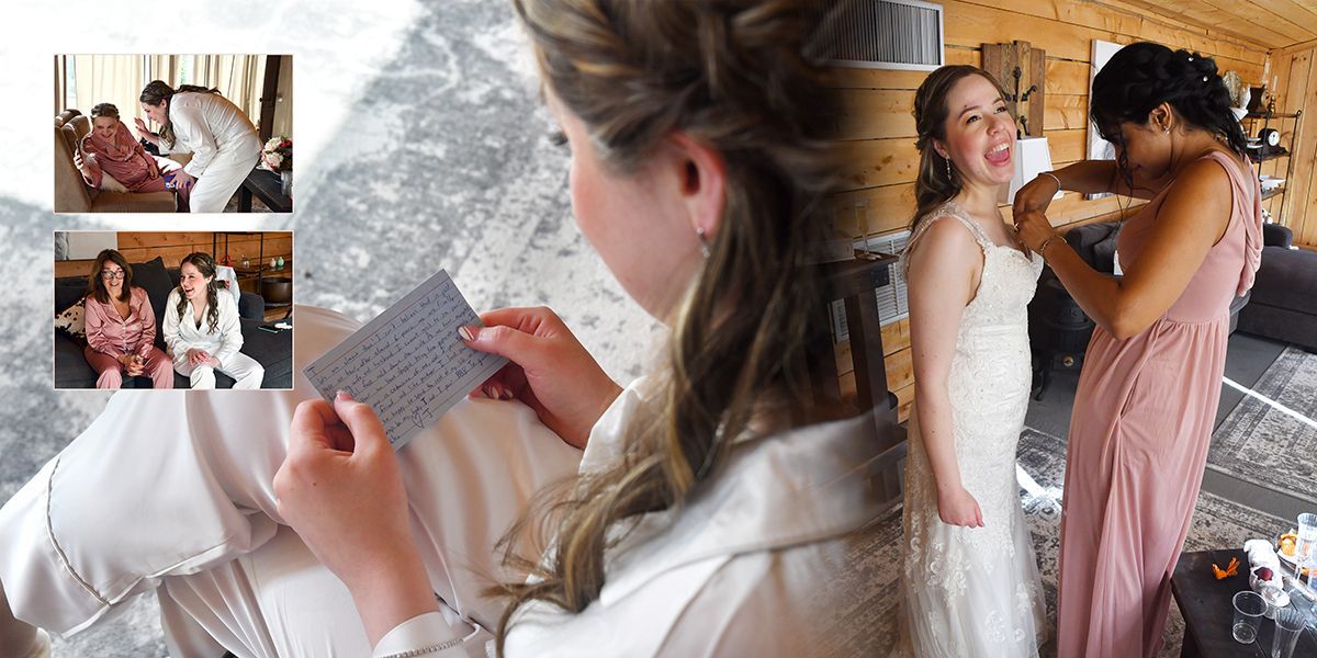 Bride getting ready with friends, adjusting a white dress in a bright bridal suite