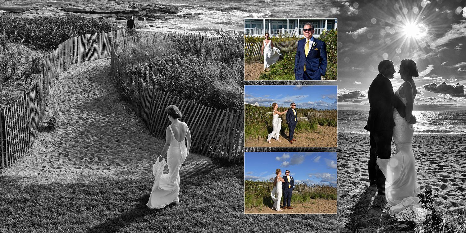 Bride and groom posing in a grassy field, shown in black-and-white with three small color wedding photos inset.