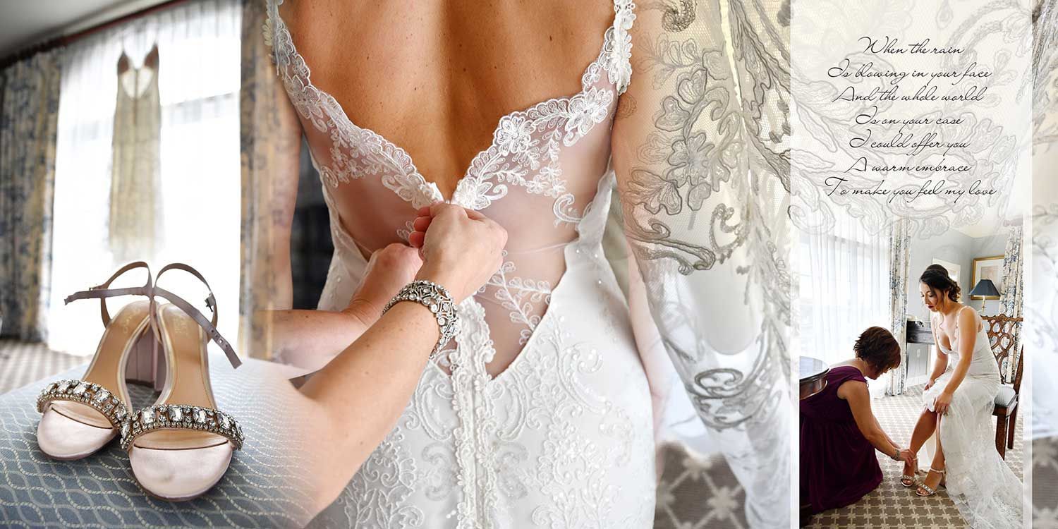 Bride fastening a white lace wedding dress beside bridal shoes and a mirror scene for wedding album.