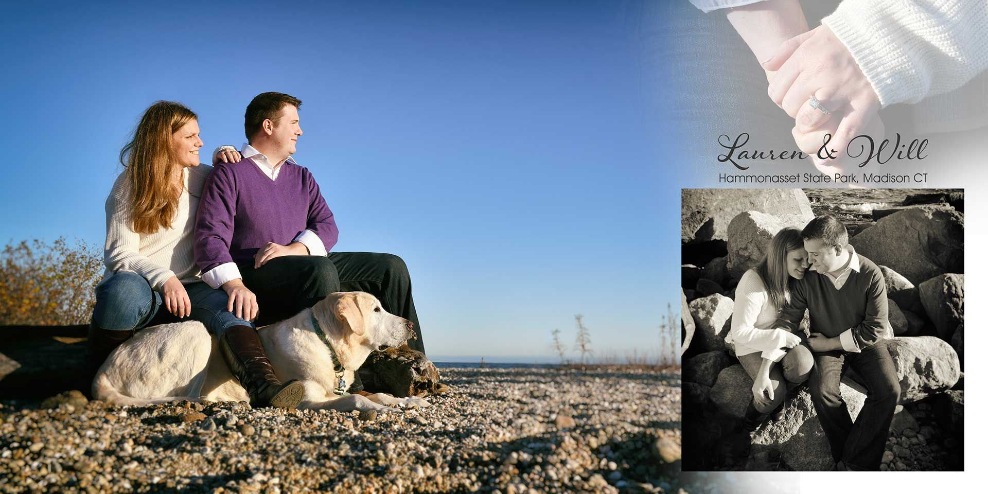Engaged couple  sit on rocks by a beach, looking left under a blue sky; a small inset shows hands holding pebbles.