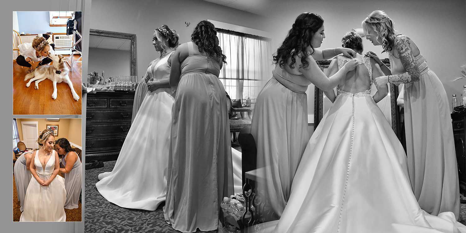 Bridal party helping a bride with her dress in a black-and-white wedding scene; small color photos at left.