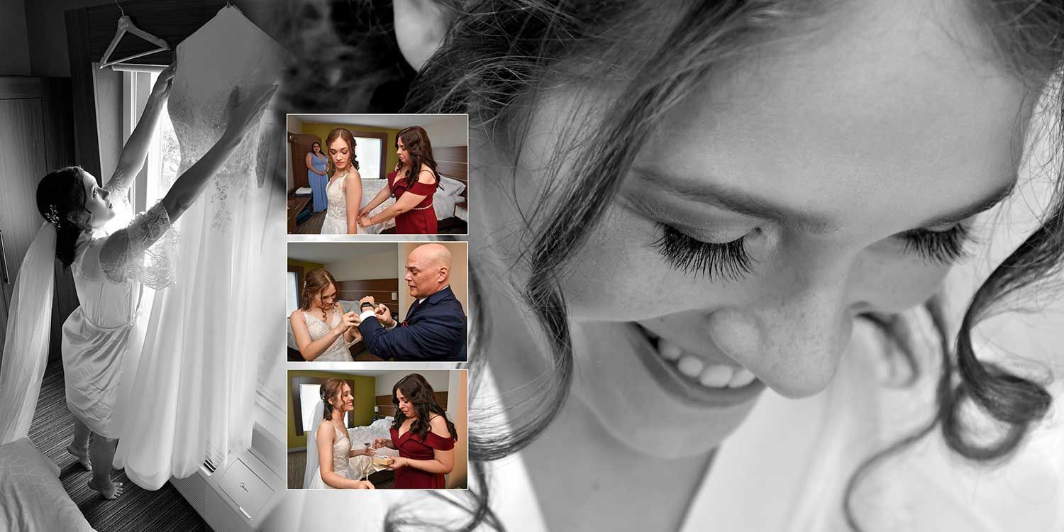 Black-and-white close-up of a smiling woman looking at a collage of colorful wedding photos