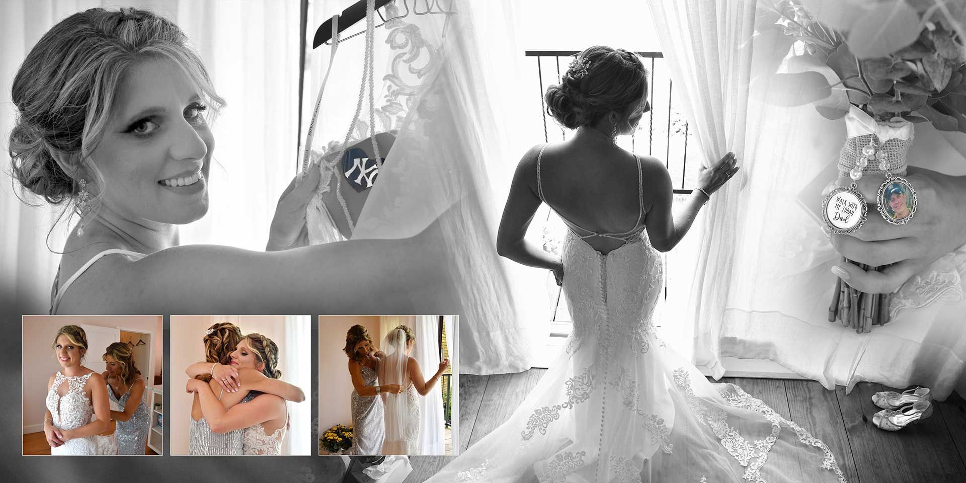 Bride in a white gown by a window, with small inset portraits showing her getting dressed and posed wedding shots