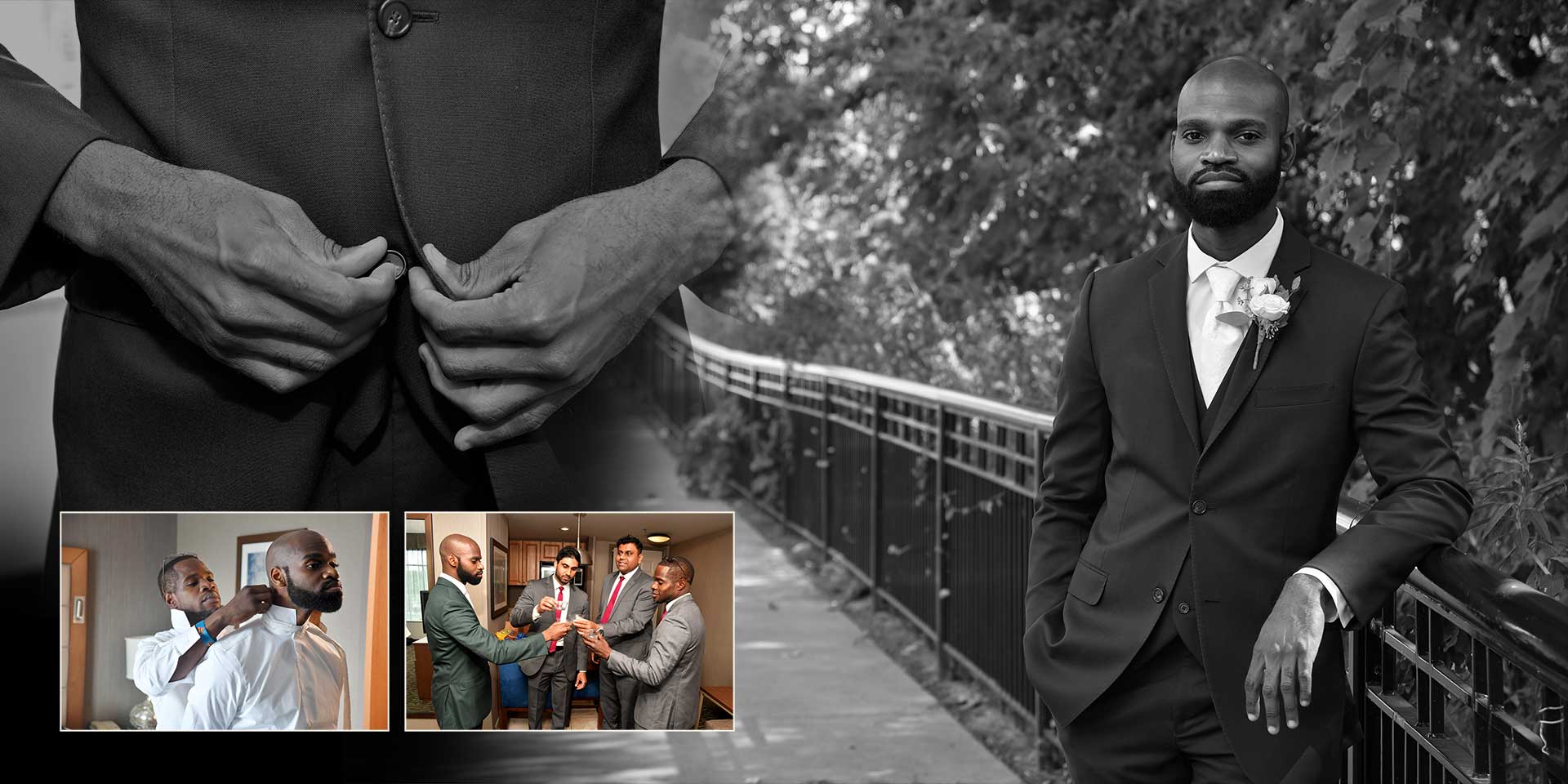 Collage of a man in a suit on a bridge, hands clasped, and two indoor group scenes