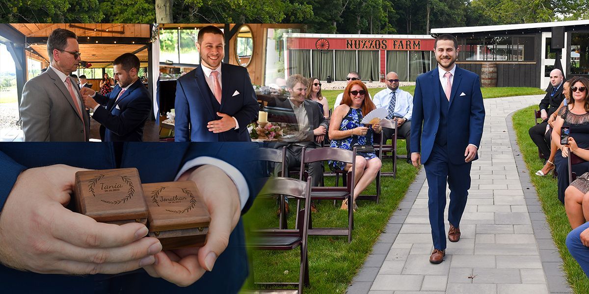 Man in blue suit walking down a garden path at an outdoor event, with seated guests and a close-up of chocolate insets