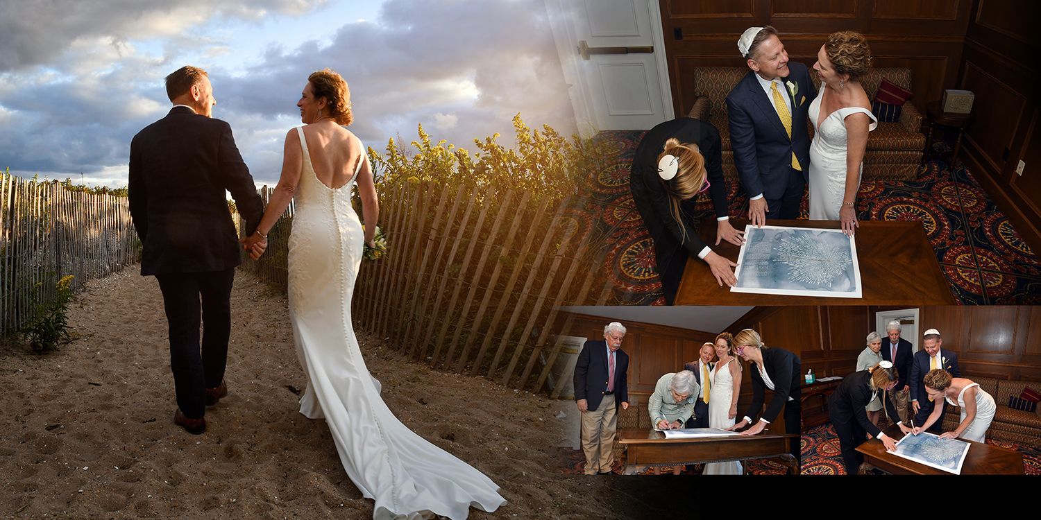 Wedding couple walking in field; collage shows bride and groom with family at ceremony and reception