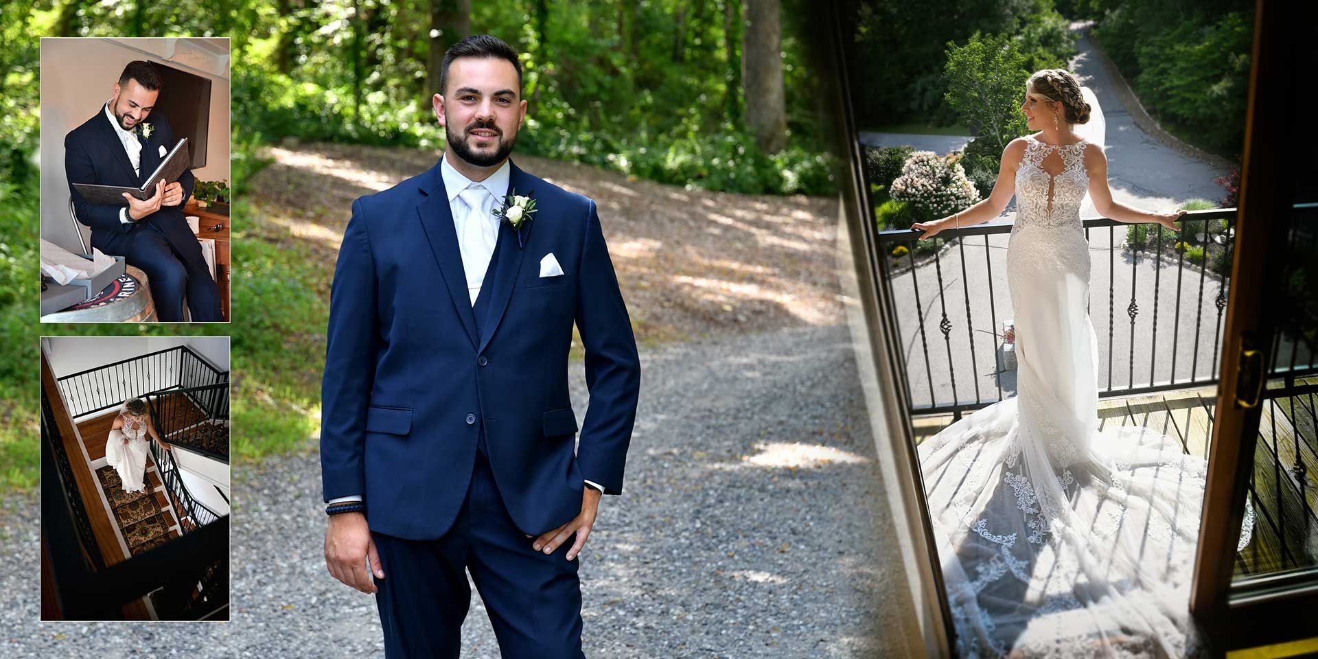Groom in navy suit on a path, with inset wedding portraits of a bride and groom outdoors.