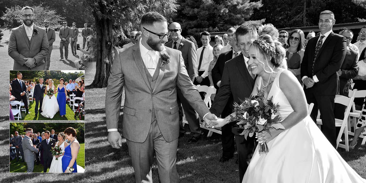 Bride and groom holding hands and smiling outdoors at a wedding ceremony