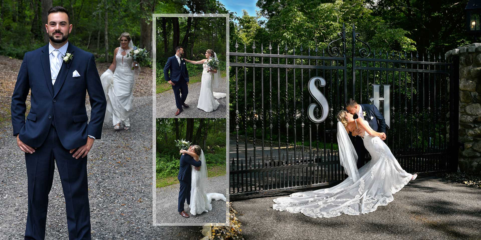 Wedding collage: groom in navy suit, bride in white gown, and couple posing by black gate with greenery