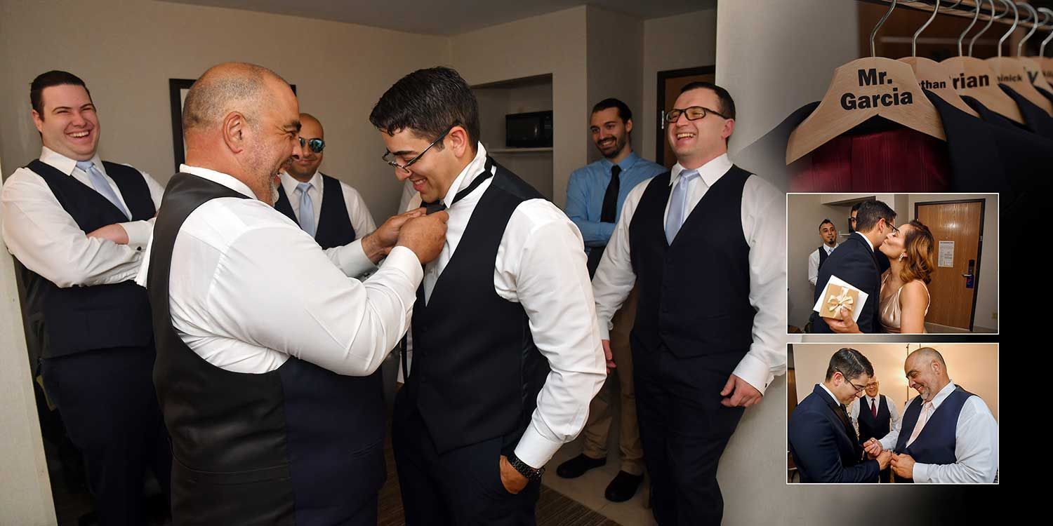 Men in dark vests and white shirts adjusting each other's ties in a room, with small inset photos on the right.